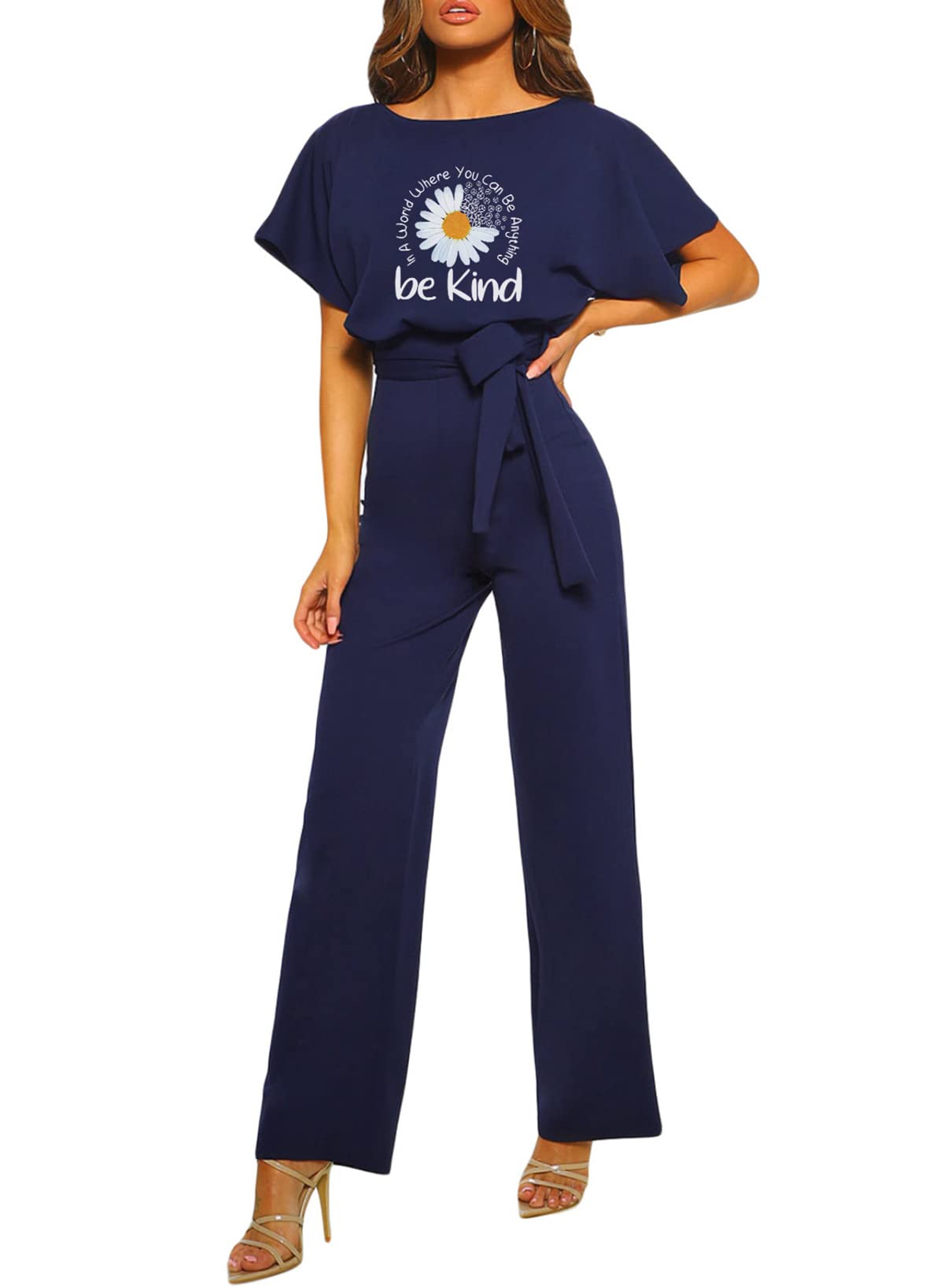Happy Sailed Women's Casual Loose Short Sleeve Belted Wide Leg Pant Romper Jumpsuit - Summer Beach Outfit for Vacation, Travel & Outdoor Activities