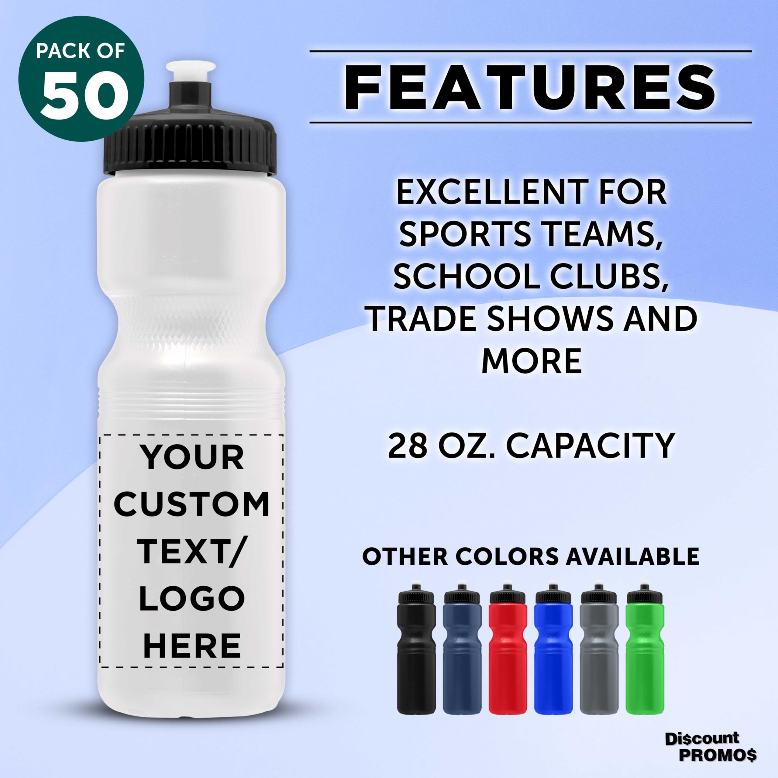 28 oz Custom Push Cap Plastic Water Bottles Bulk Pack of 50 - Personalized Reusable Water Bottles for Gym, Hiking, Camping & Outdoor Sports - Ideal for Team Events, Corporate Gifts & Promotional Giveaways - White