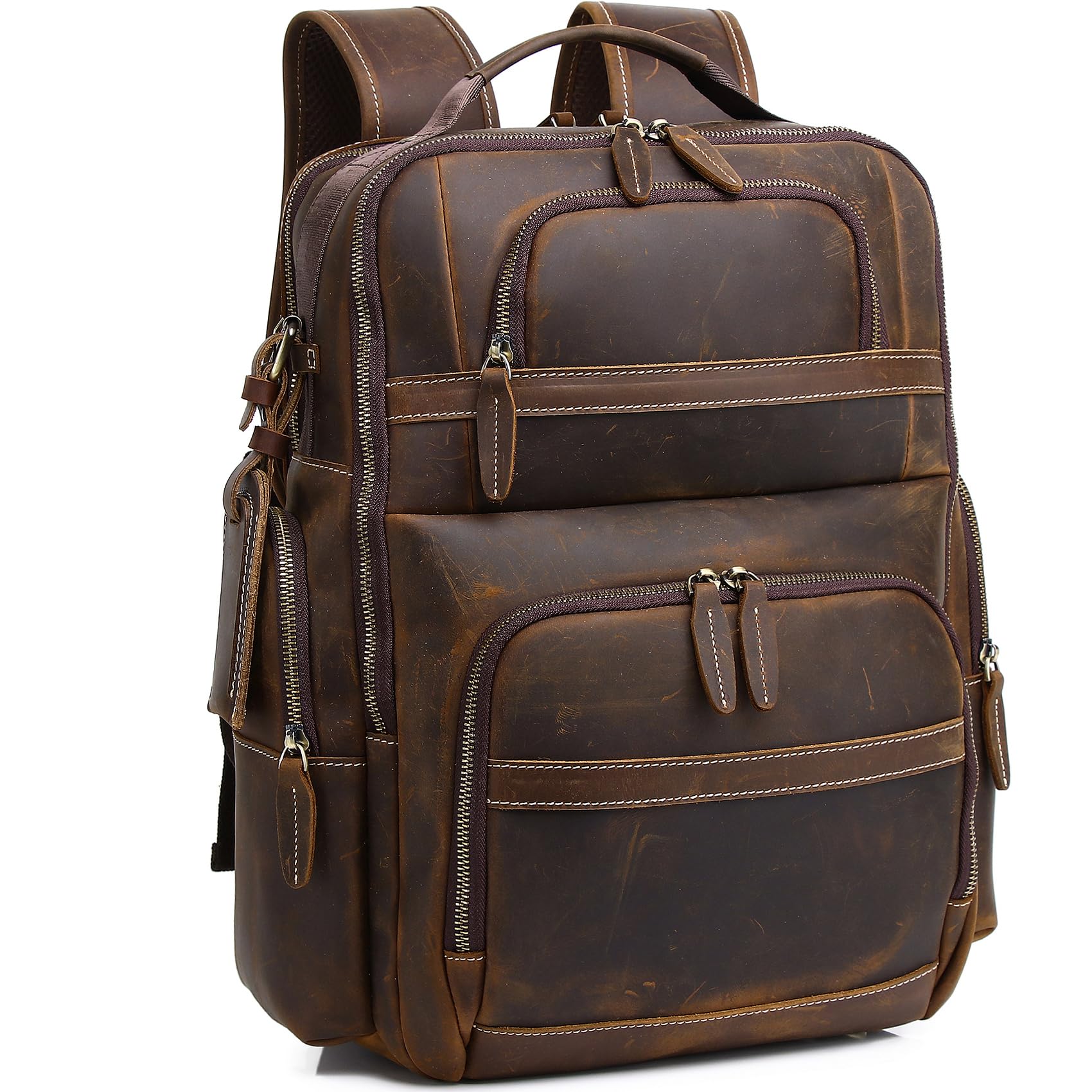 Vintage Full Grain Genuine Leather Backpack for Men - 15.6 Inch Laptop Bag with Large Capacity & Multiple Pockets - Durable Brown Daypack for Travel, Work, Hiking & Outdoor Adventures