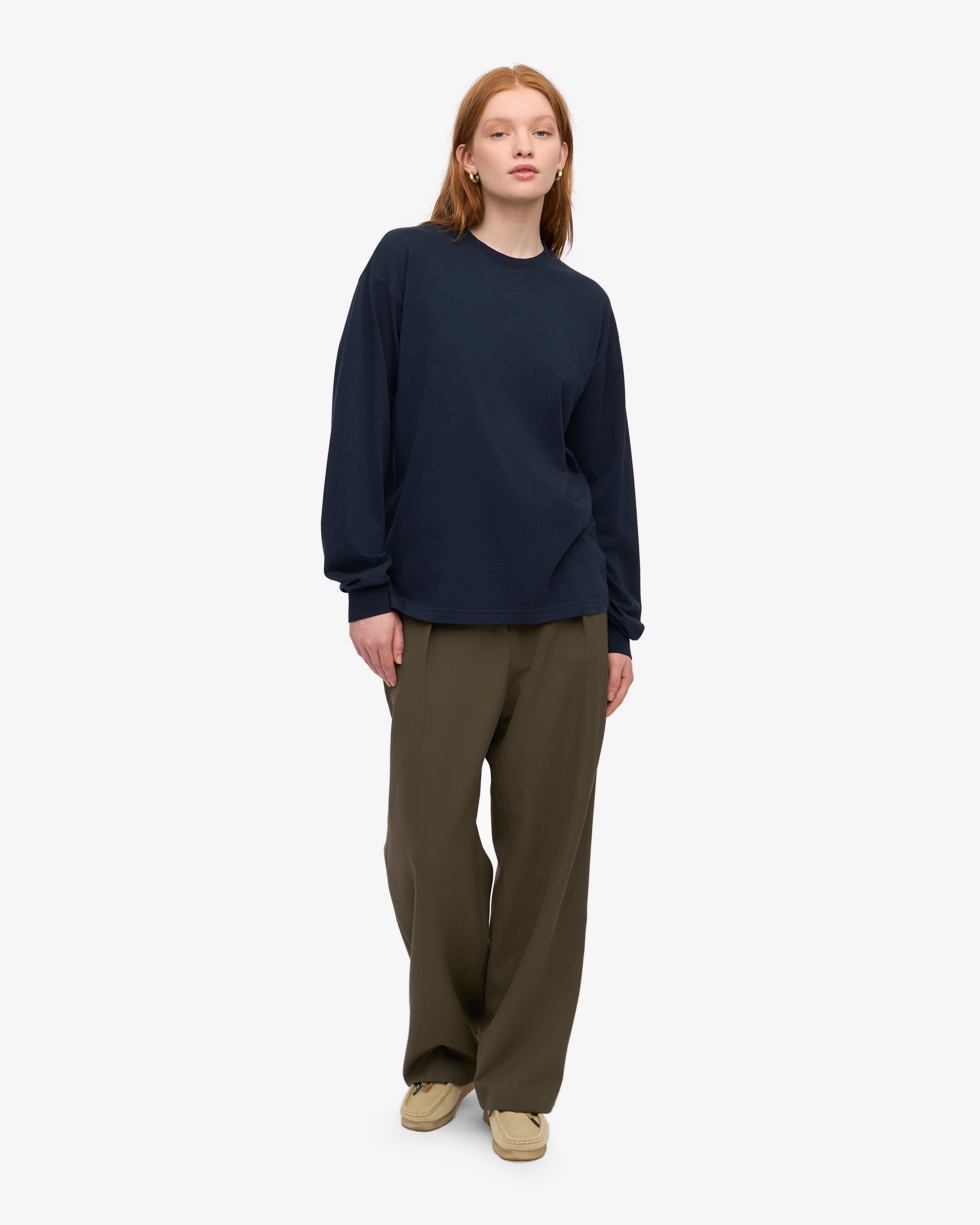 Oversized Organic Long Sleeve T-Shirt for Women - Soft Navy Blue Cotton Tee - Perfect for Casual Wear, Loungewear & Layering