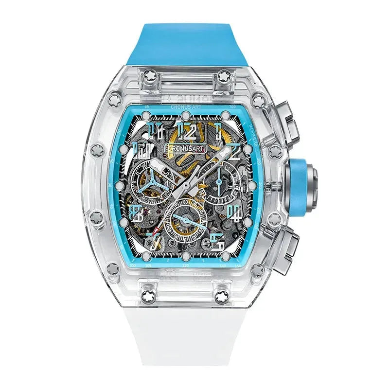CRONUSART Men's Chronograph Watch - 50mm Tonneau Mechanical Wristwatch with Sapphire Crystal, Luminous Fluororubber Strap & Skeleton Dial | Perfect for Business, Casual Wear & Special Occasions