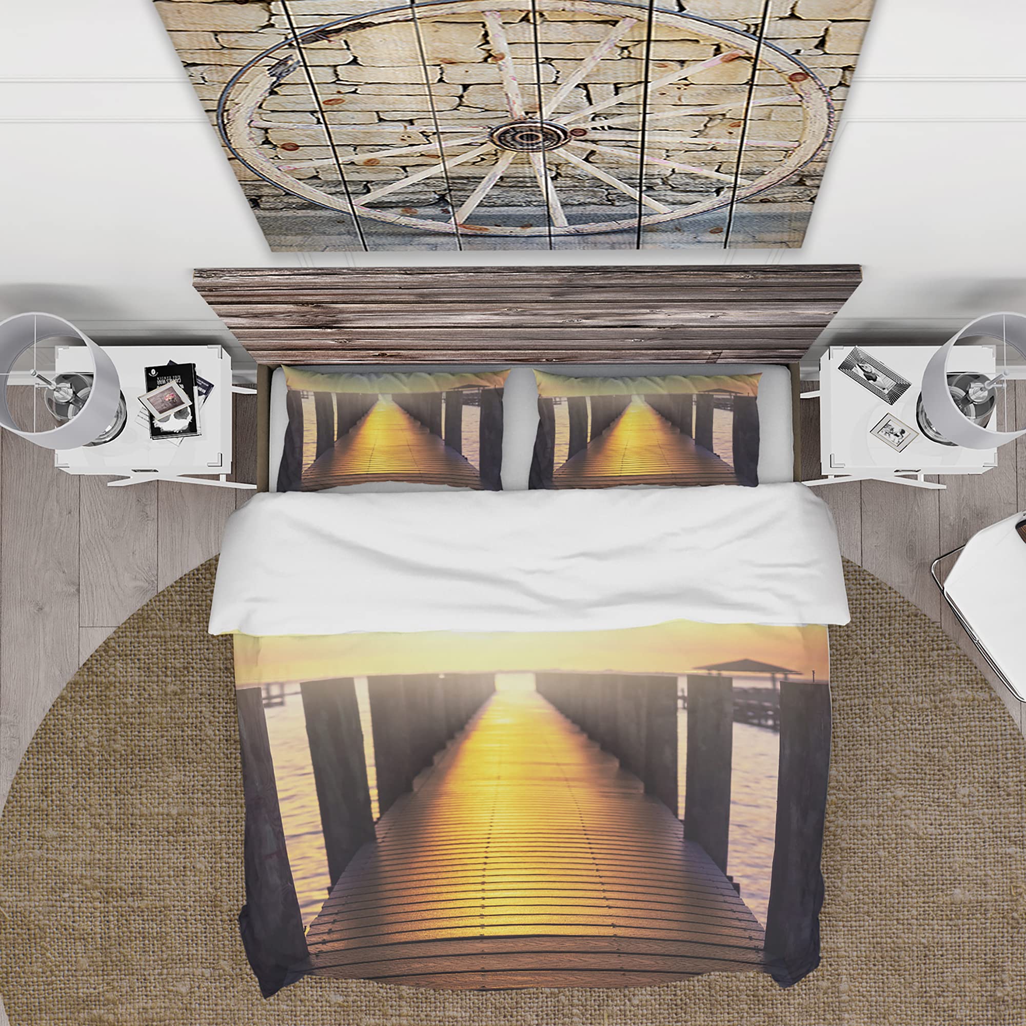 DesignQ Nautical & Coastal Duvet Cover Set - King Size Yellow Sea Bridge Sunset Bedding (3-Piece) | All-Season Beach Themed Comfort | Perfect for Coastal Homes, Guest Rooms & Vacation Rentals