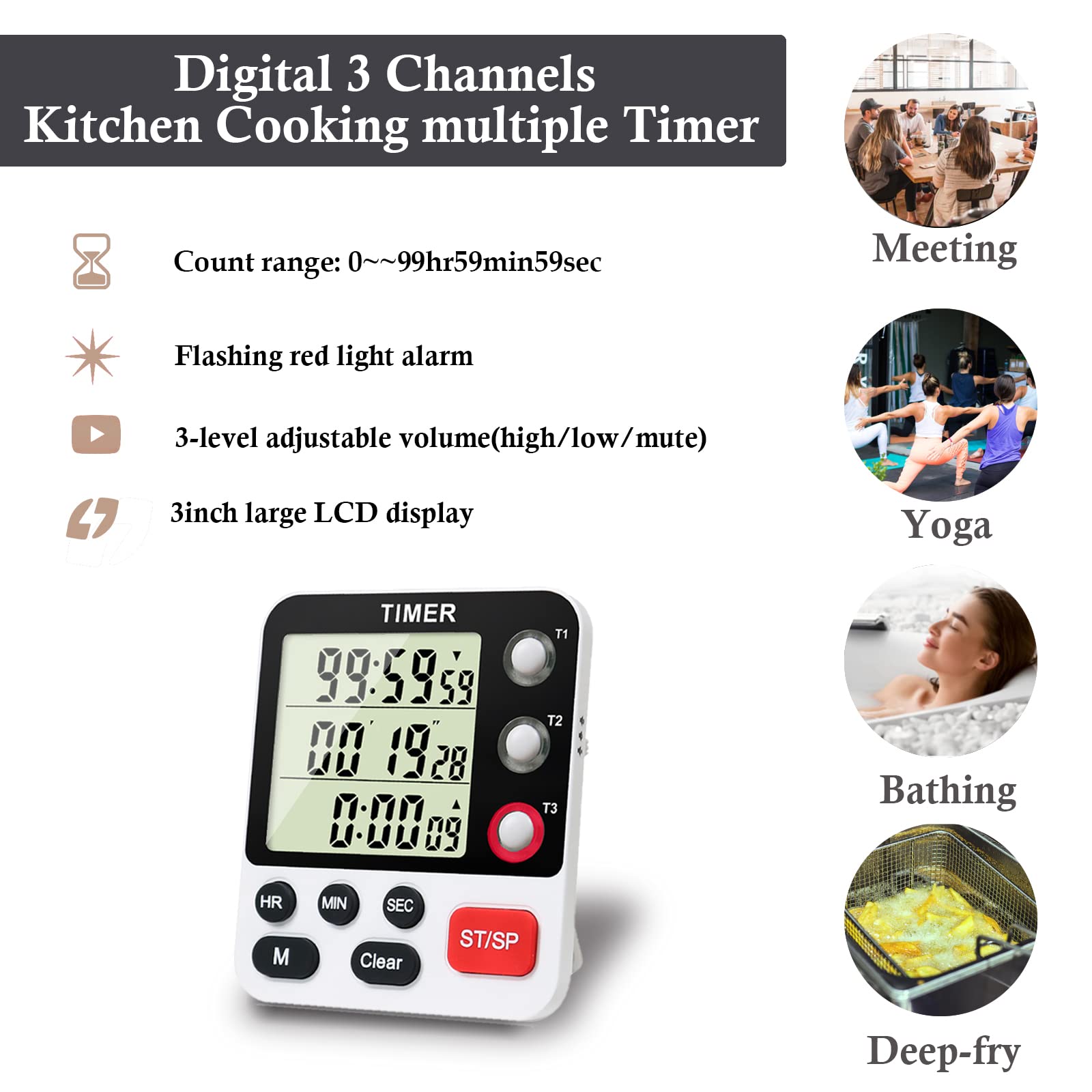 Digital 3-Channel Kitchen Timer with Large LCD Display - Count Up/Down Stopwatch, ON/OFF Switch, Adjustable Volume & Magnetic Back (Battery Included) - Perfect for Cooking, Baking, Teaching & Reading Aloud