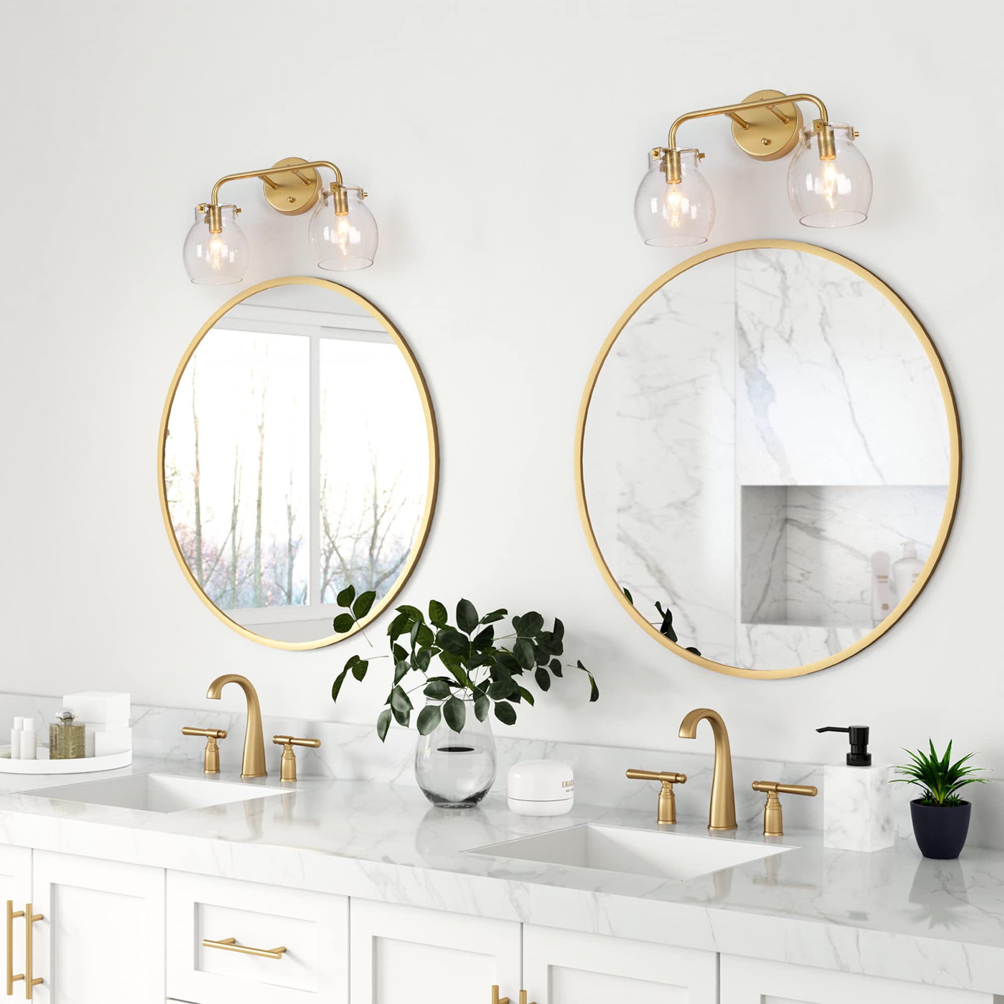 Durent Lighting Gold Vanity Lights - Modern Seeded Glass Bathroom Light Fixtures for Mirror (2 Light) - Perfect for Bathroom Vanity, Dressing Room & Makeup Area Lighting