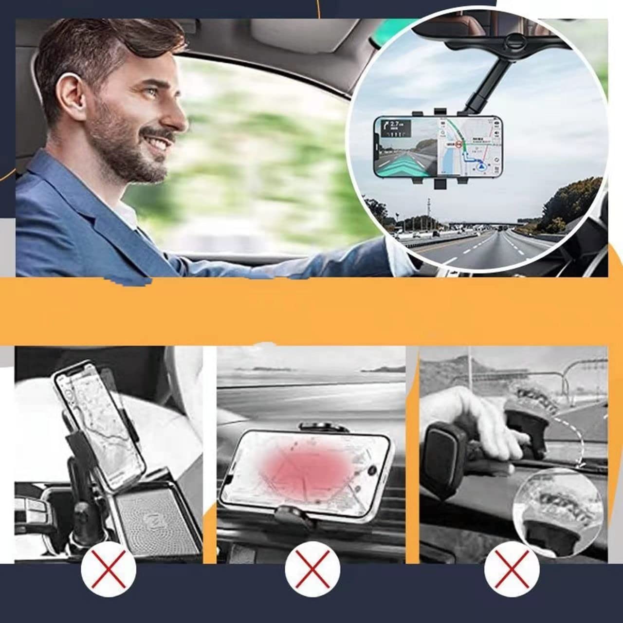 Universal Rotatable & Retractable Car Phone Mount - Adjustable Hands-Free Cell Phone Holder for iPhone & Android - Perfect for GPS Navigation, Driving Safety & Road Trips