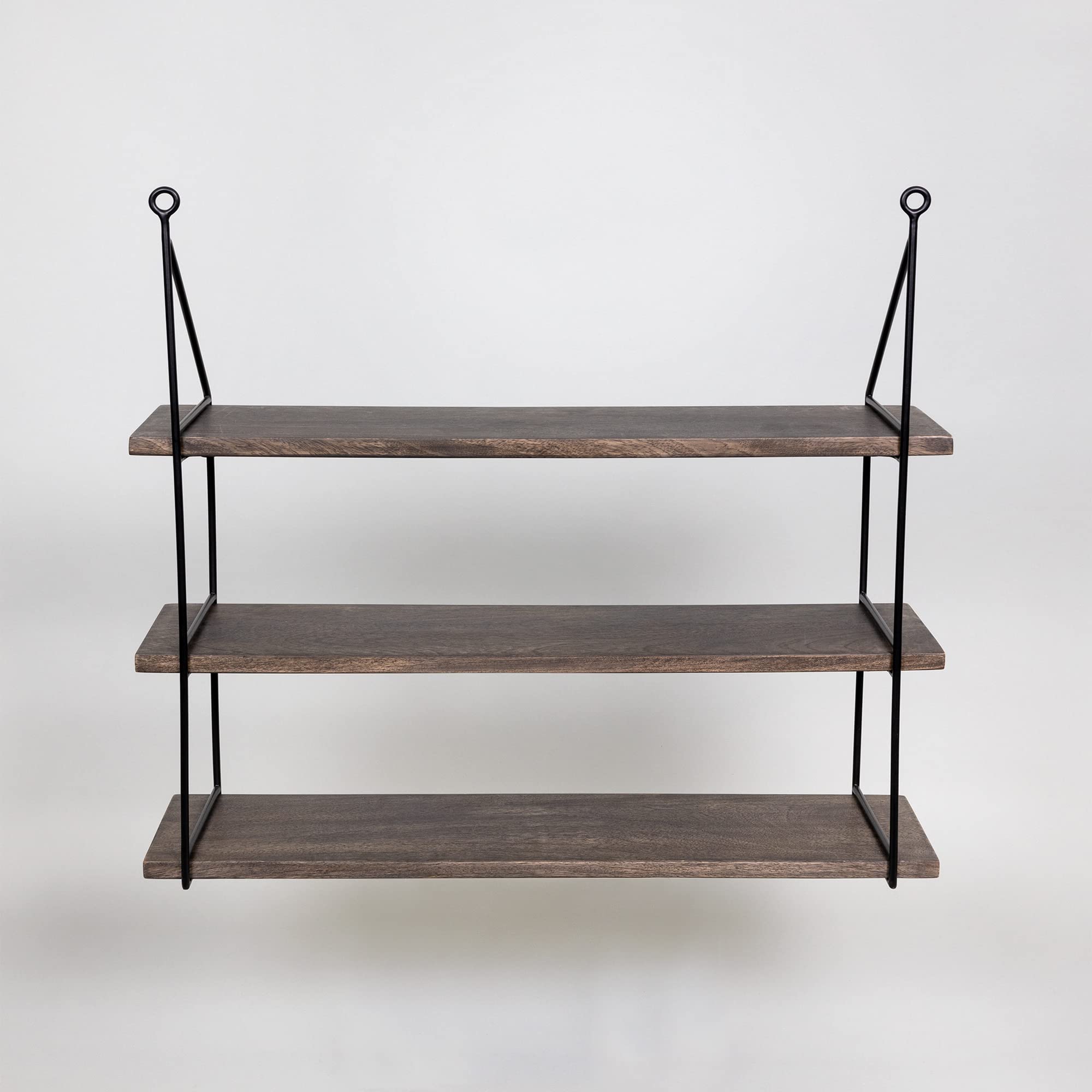 Stratton Home Decor 3-Tier Mango Wood & Metal Wall Shelf - Rustic Dark Natural Wood Floating Shelves for Living Room, Bathroom & Kitchen Storage | Space-Saving Organizer for Books, Plants & Decor