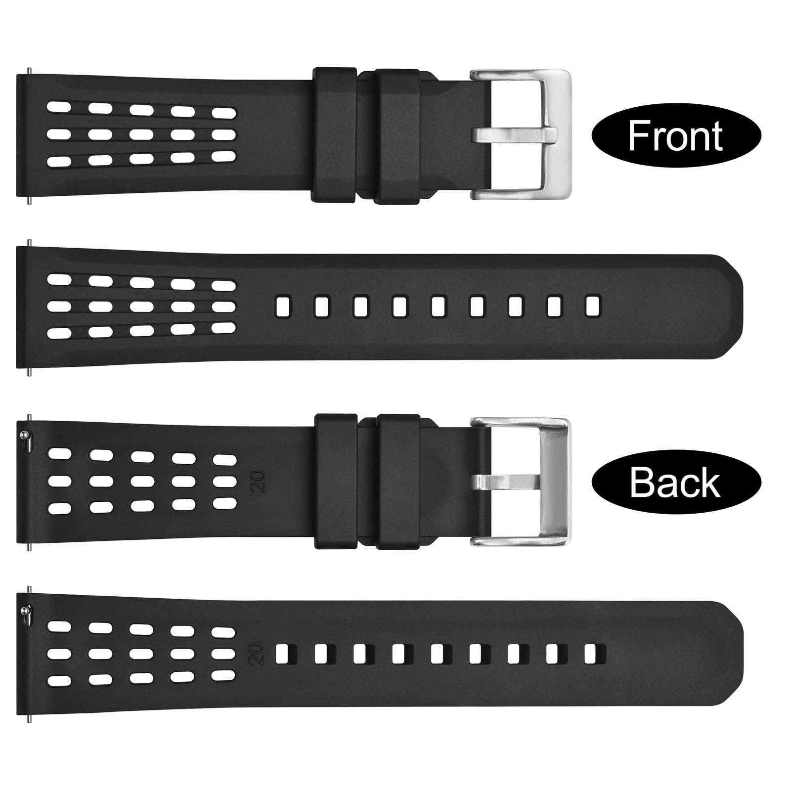 WOCCI 20mm Rally Watch Band - Premium FKM Rubber Strap with Quick Release & Silver Brushed Buckle - Durable Black Watch Strap for Men - Perfect for Racing, Sports & Outdoor Adventures