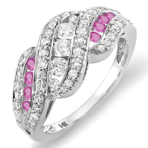 Dazzlingrock 14K Solid White Gold Round White Diamond & Pink Sapphire Women's Cocktail Ring for Right Hand - Elegant Evening Party, Wedding, Anniversary Gift for Her