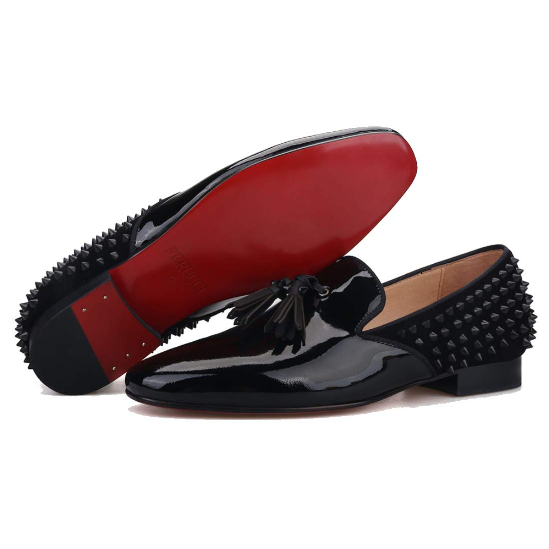 FERUCCI Black Patent Leather Loafers with Spikes - Women's Formal Shoes for Prom, Wedding & Evening Events - Comfortable Flat Slippers for Parties & Special Occasions