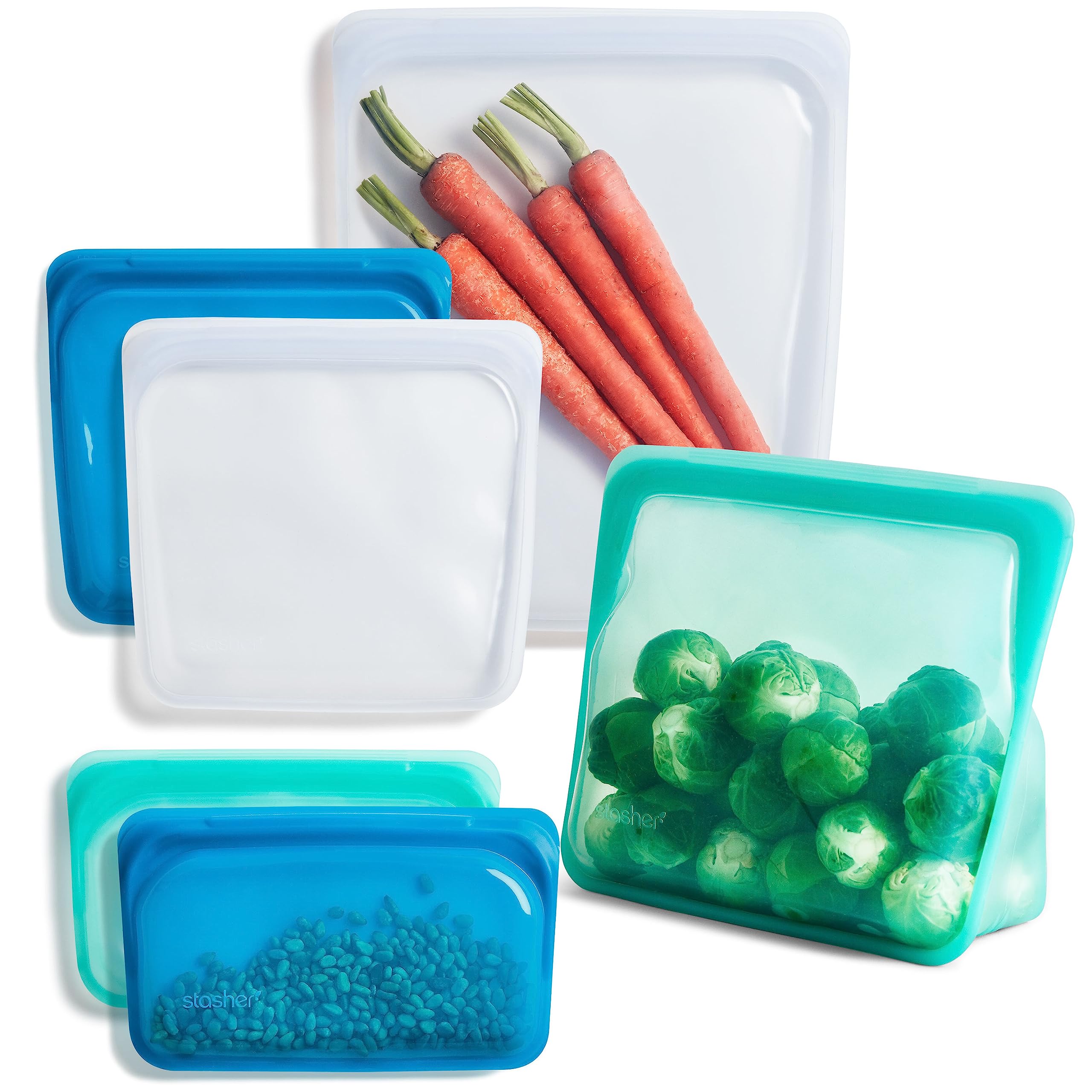 Stasher Premium Silicone Reusable Food Storage Bags 6-Pack (Ocean Blue) | BPA-Free, Leakproof, Dishwasher Safe Eco-Friendly Food Containers | Perfect for Meal Prep, School Lunch, Travel & Camping