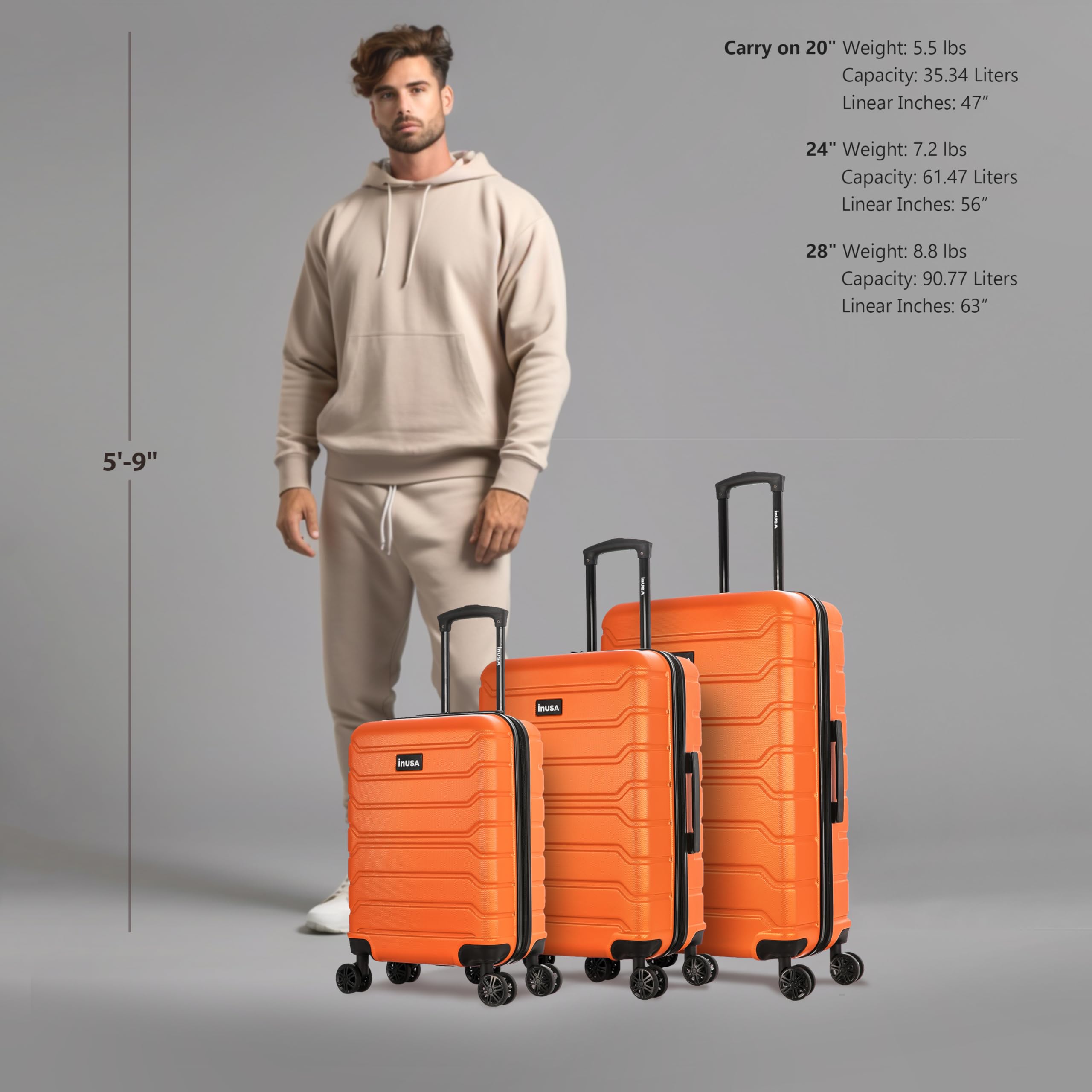 InUSA TREND 3-Piece Lightweight Hardshell Luggage Set with 360° Spinner Wheels - 20in, 24in & 28in Carry-On Checked Suitcases - Durable Orange Travel Bags for Business Trips, Vacations & Family Getaways