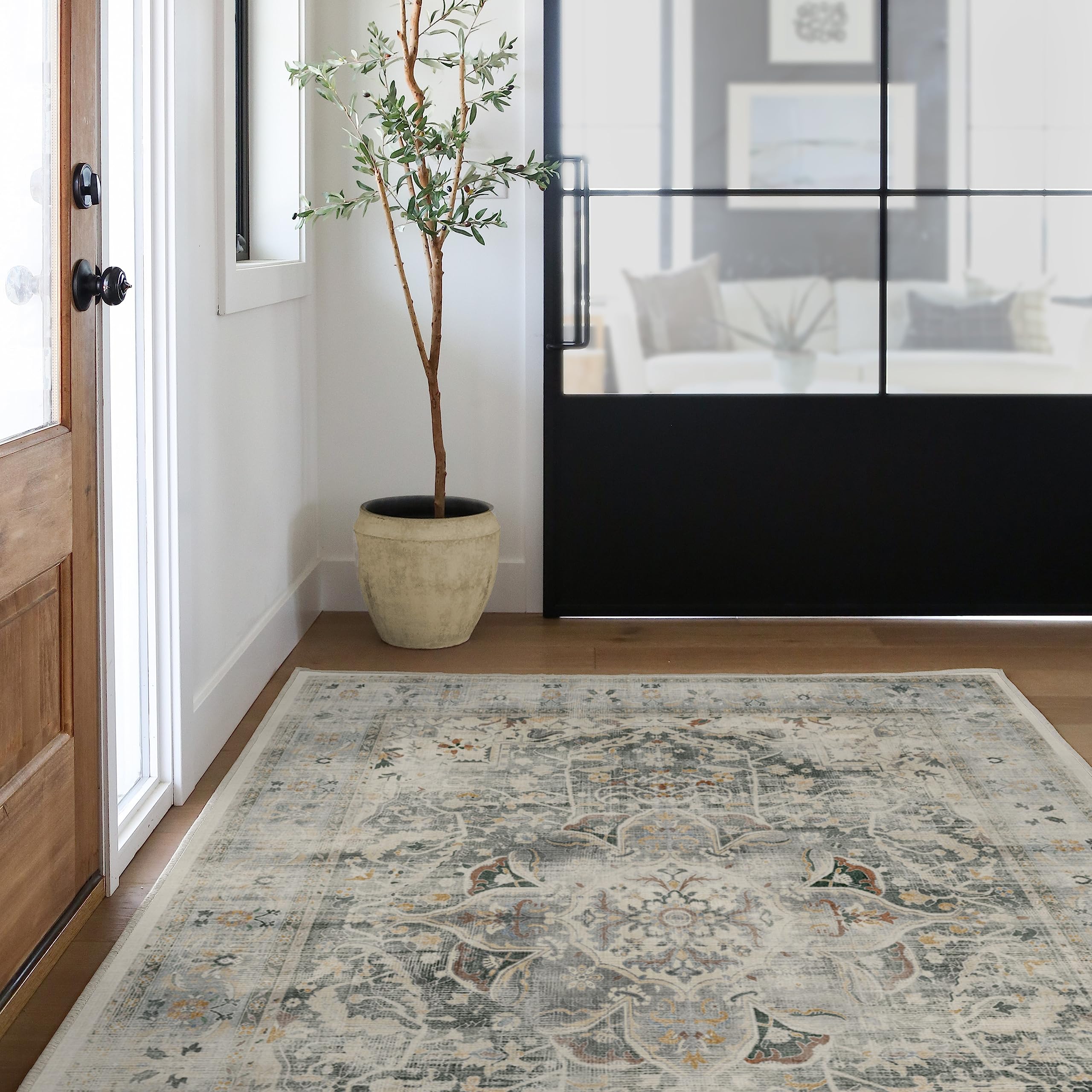 Ruggable Washable 5x7 Area Rug - Sarrah Sage Vintage Design | Non-Slip Gripper Pad | Perfect for Living Room, Bedroom, Kitchen, Office & Classroom | Easy to Clean & Maintain