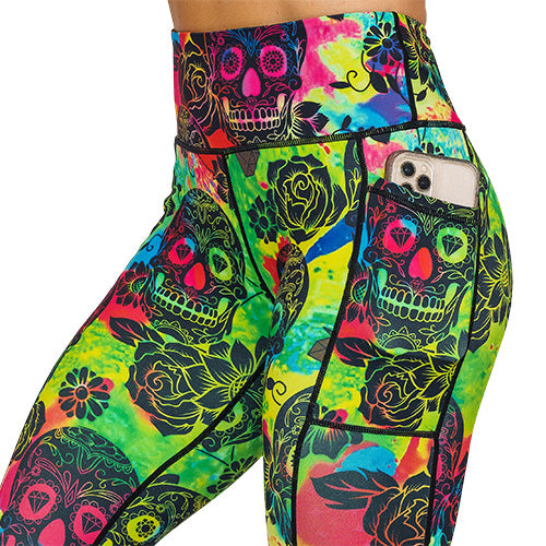 Trendy Tie Dye Skull Print Leggings for Women - Gothic Fashion, Yoga Pants, Halloween Costume & Festival Outfits