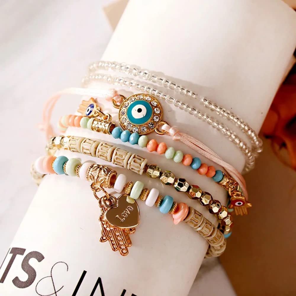 Bohemian Stackable Multilayer Hamsa Hand Evil Eye Bracelet - Lucky Protection Beaded Bracelet with Colorful Crystal Charms for Women & Girls | Perfect for Yoga, Meditation, and Spiritual Healing