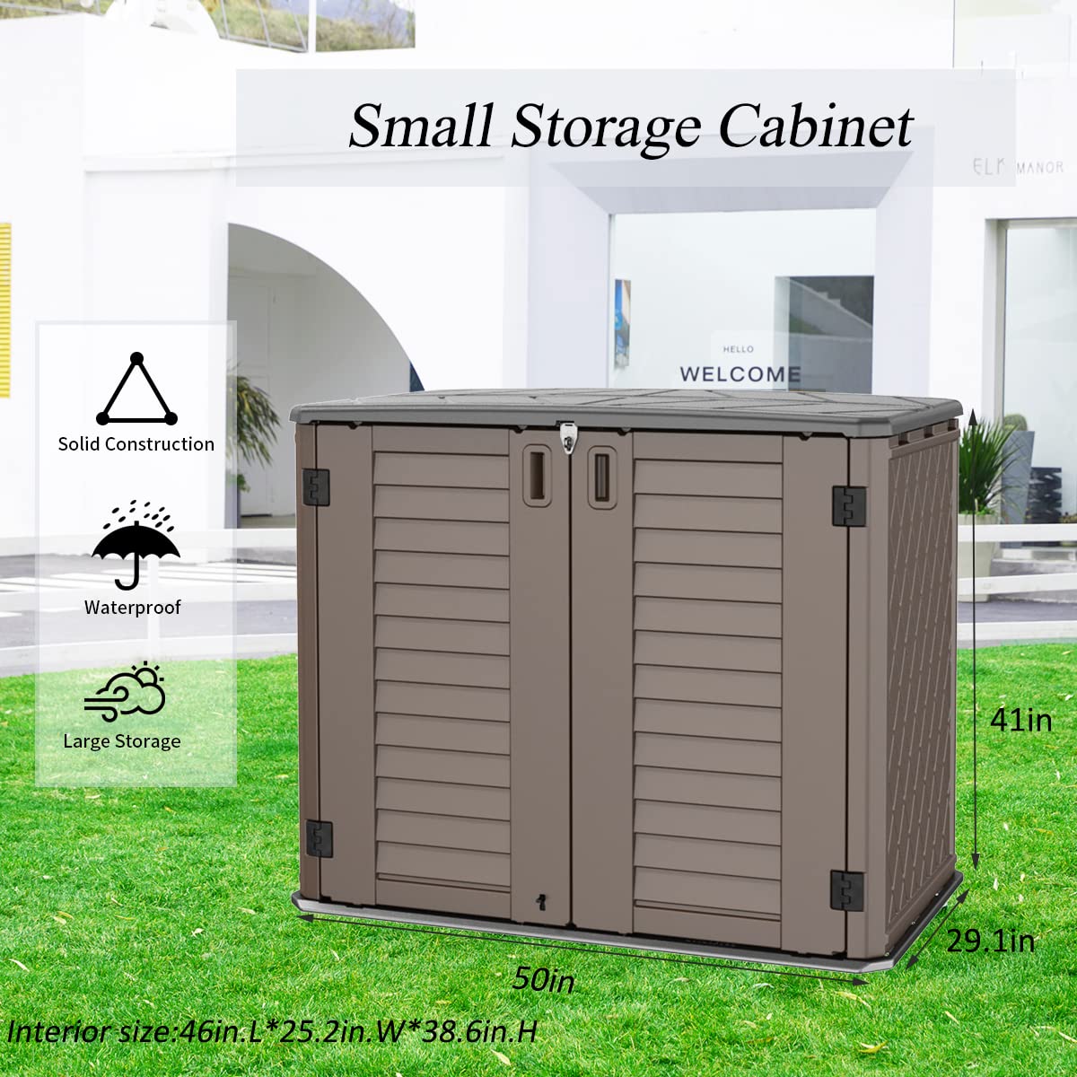 34 Cu.ft Horizontal Resin Storage Shed - Waterproof Outdoor Cabinet with Lock for Garden, Backyard, Home & Pool Storage - Durable Brown Utility Shed for Patio Furniture, Pool Toys & Yard Tools Organization