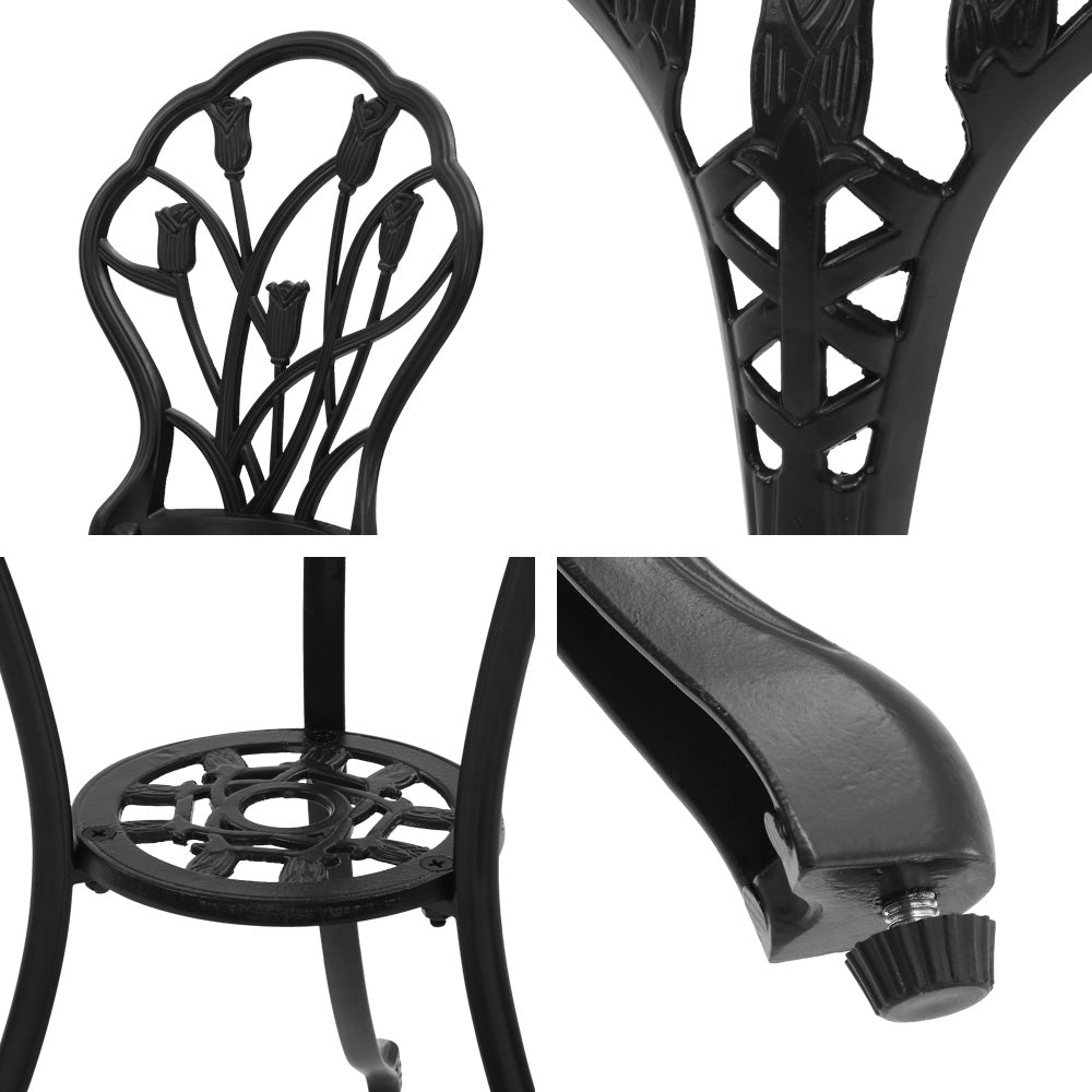 3-Piece Outdoor Bistro Set - Cast Aluminum Patio Table & Chairs in Tulip Black - Perfect for Garden, Balcony, and Small Space Dining
