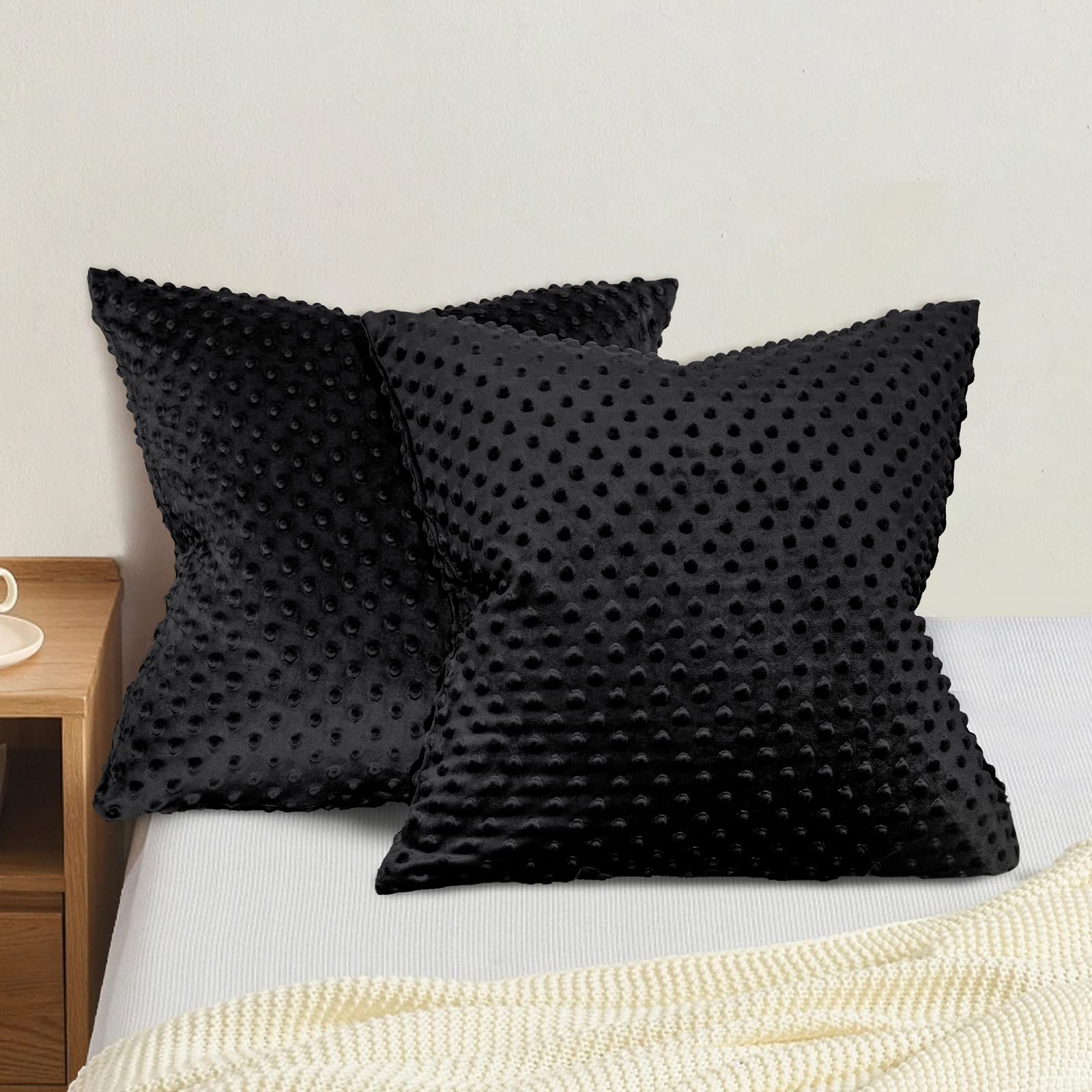 Soft Cozy Minky Dot Throw Pillow Cover 24x24 Inches, 2 Pack - Plush Velvet Cushion Cover for Couch, Sofa & Bed - Home Decor Pillow Shams - Black | Perfect for Living Room, Bedroom & Dorm Decor