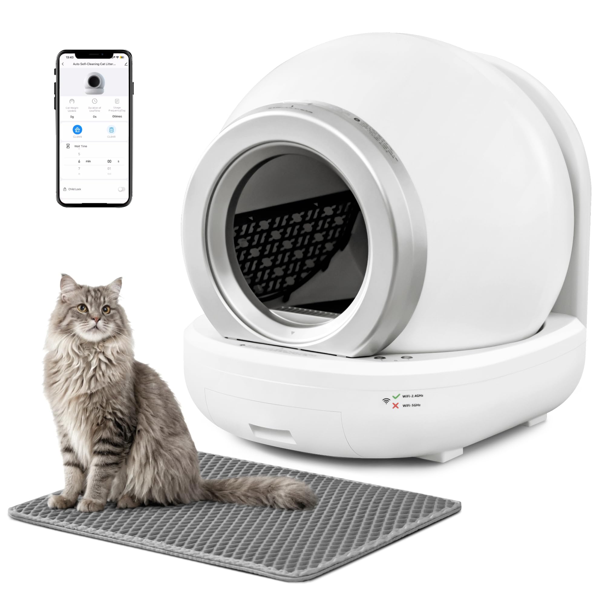 Self Cleaning Cat Litter Box - Automatic Wi-Fi Enabled Smart Litter Box for Multiple Cats with APP Control, Low Noise & Safety Features, Includes Mat & 2 Roll Garbage Bags (White) - Perfect for Busy Pet Owners & Smart Home Integration