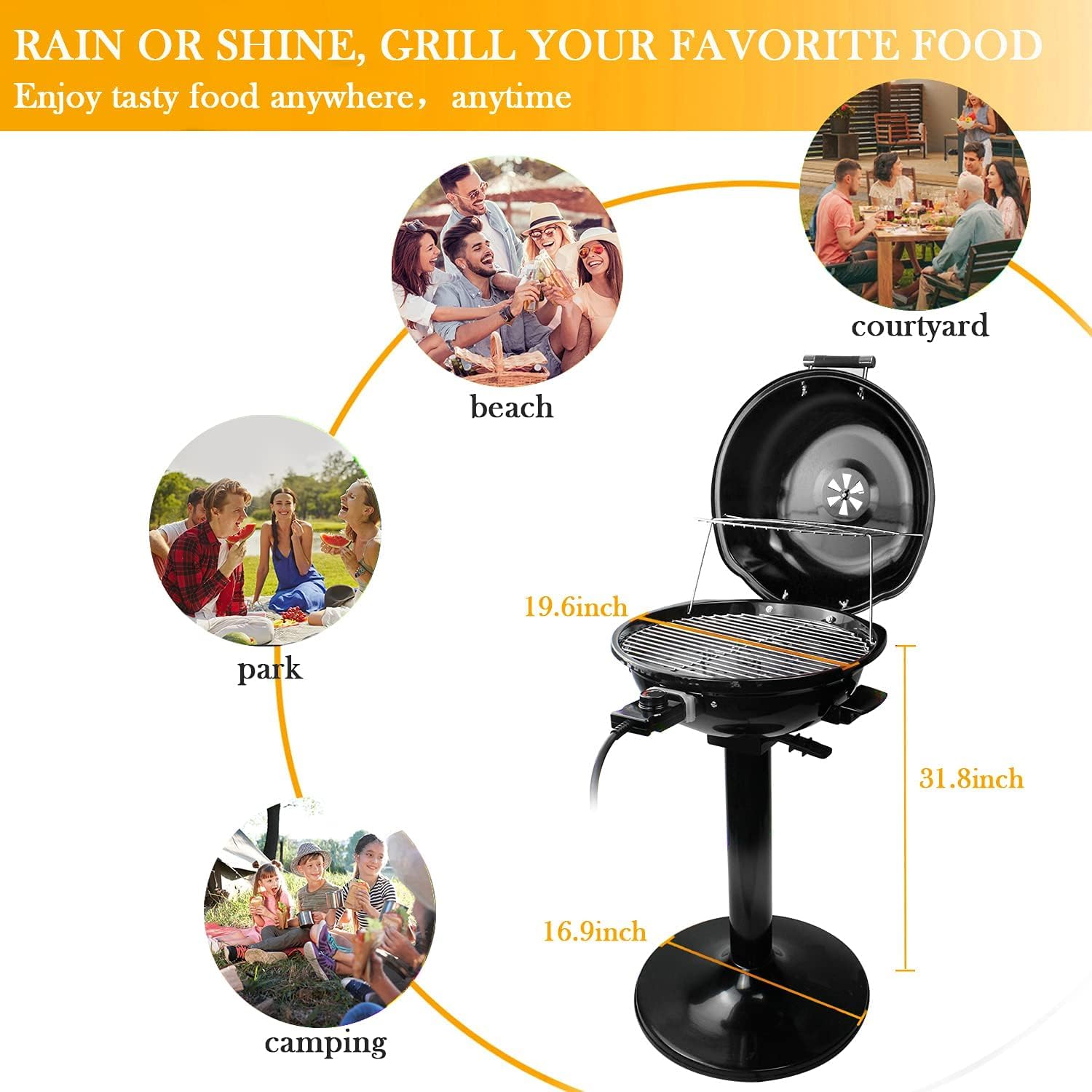 Techwood 1600W Electric Grill for Indoor & Outdoor Use - Portable BBQ Grill with Removable Stand - Perfect for Backyard, Camping & Patio Cooking (Black)