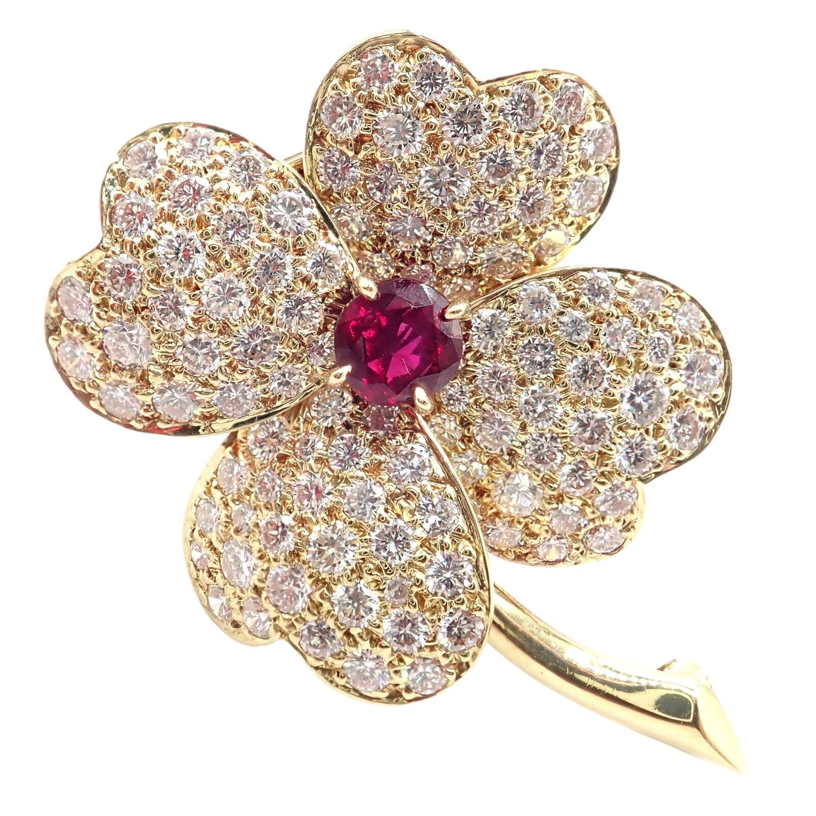 Vintage Van Cleef & Arpels Cosmos 18k Yellow Gold Diamond Ruby Brooch Pendant - Luxury Jewelry for Special Occasions & Gift Giving