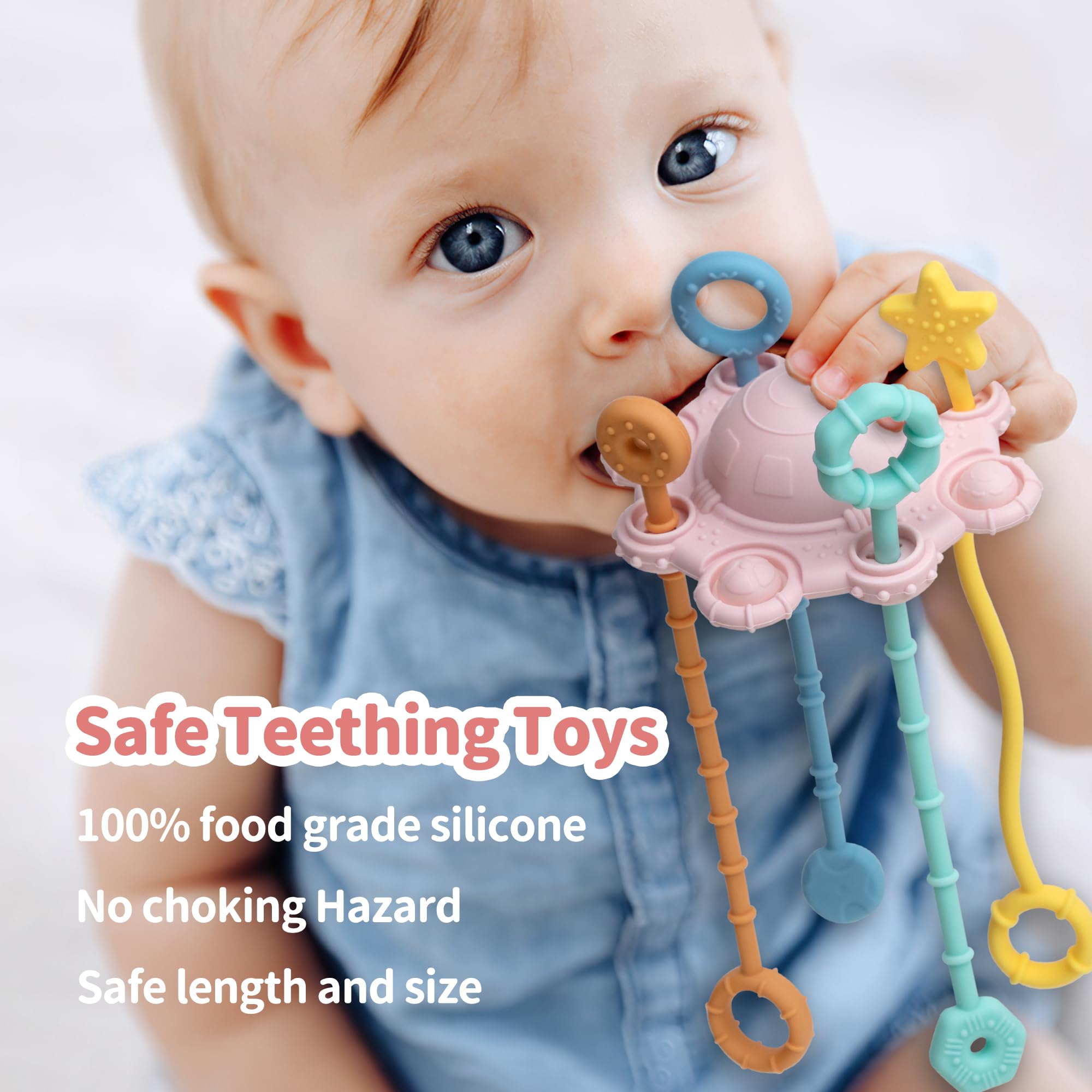 Montessori Baby Pull String Toy - 100% Food Grade Silicone with Built-in Rattle, Easy to Clean Teething Toy for Infants (Pink) - Perfect for Early Learning, Sensory Play & Soothing Teething Pain