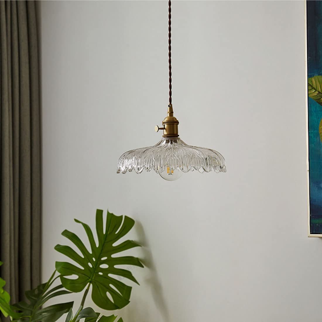 Modern Brass Pendant Light Fixture - Industrial Glass Ceiling Hanging Lamp with Scalloped Shade - Clear Glass Lighting for Bedroom, Living Room, Dining Room & Kitchen (7.9 Inch) - Perfect for Farmhouse, Loft & Industrial Style Decor