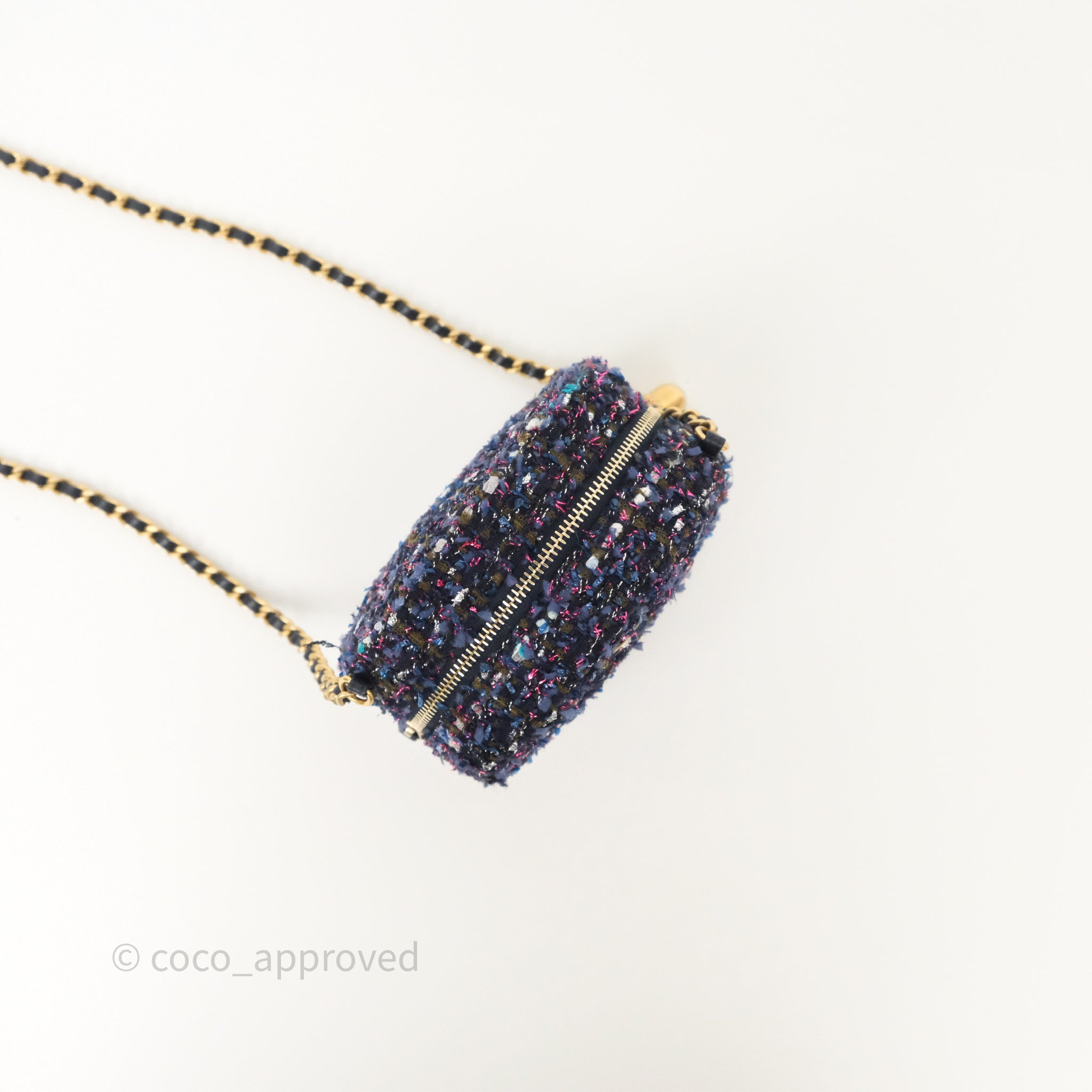 Chanel Navy Purple Tweed Round Clutch Bag with Chain & Aged Gold Hardware - Elegant Evening Clutch for Parties, Weddings & Special Events