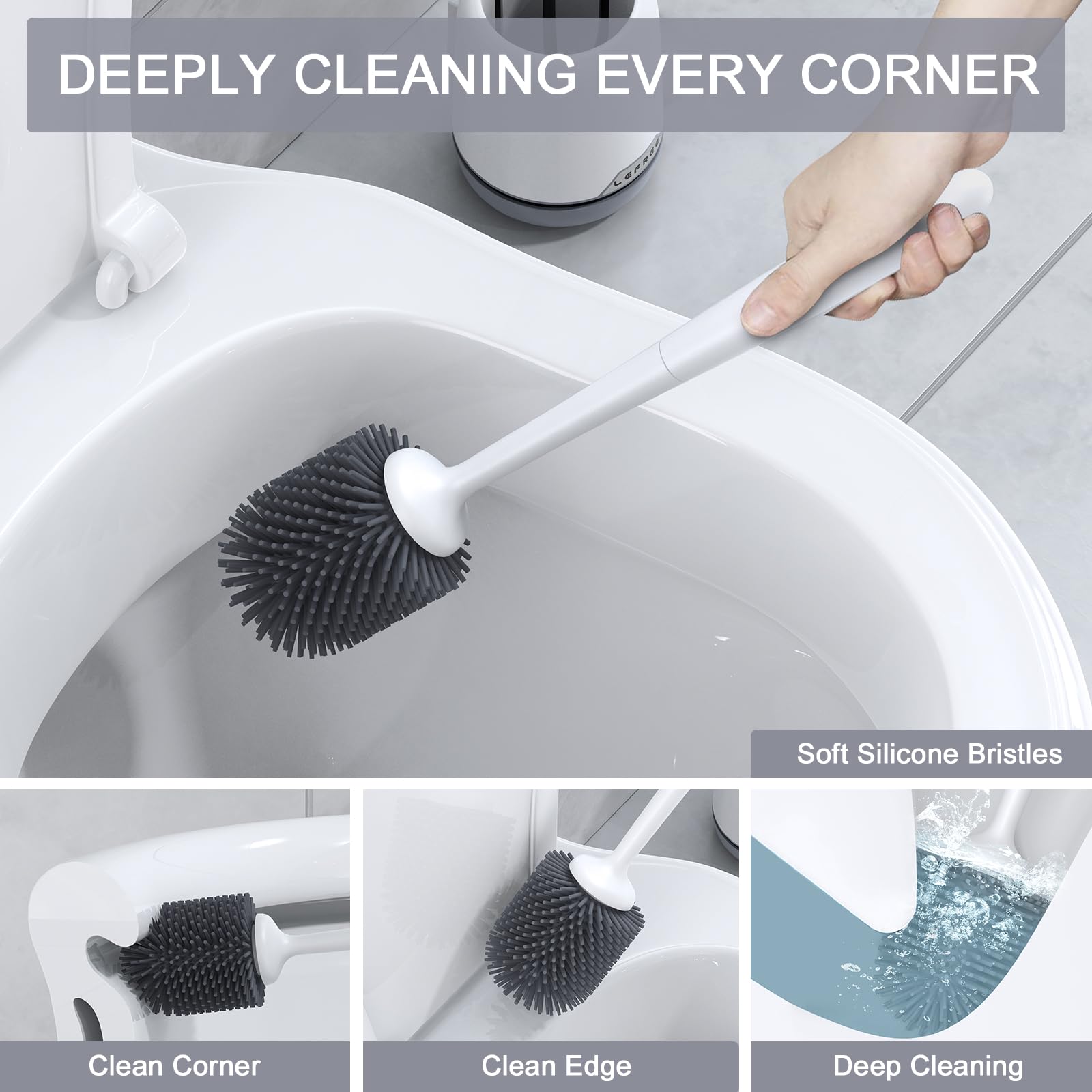 Lefree Silicone Toilet Brush Set with Holder - Wall Mount & Floor Standing for Bathroom Cleaning