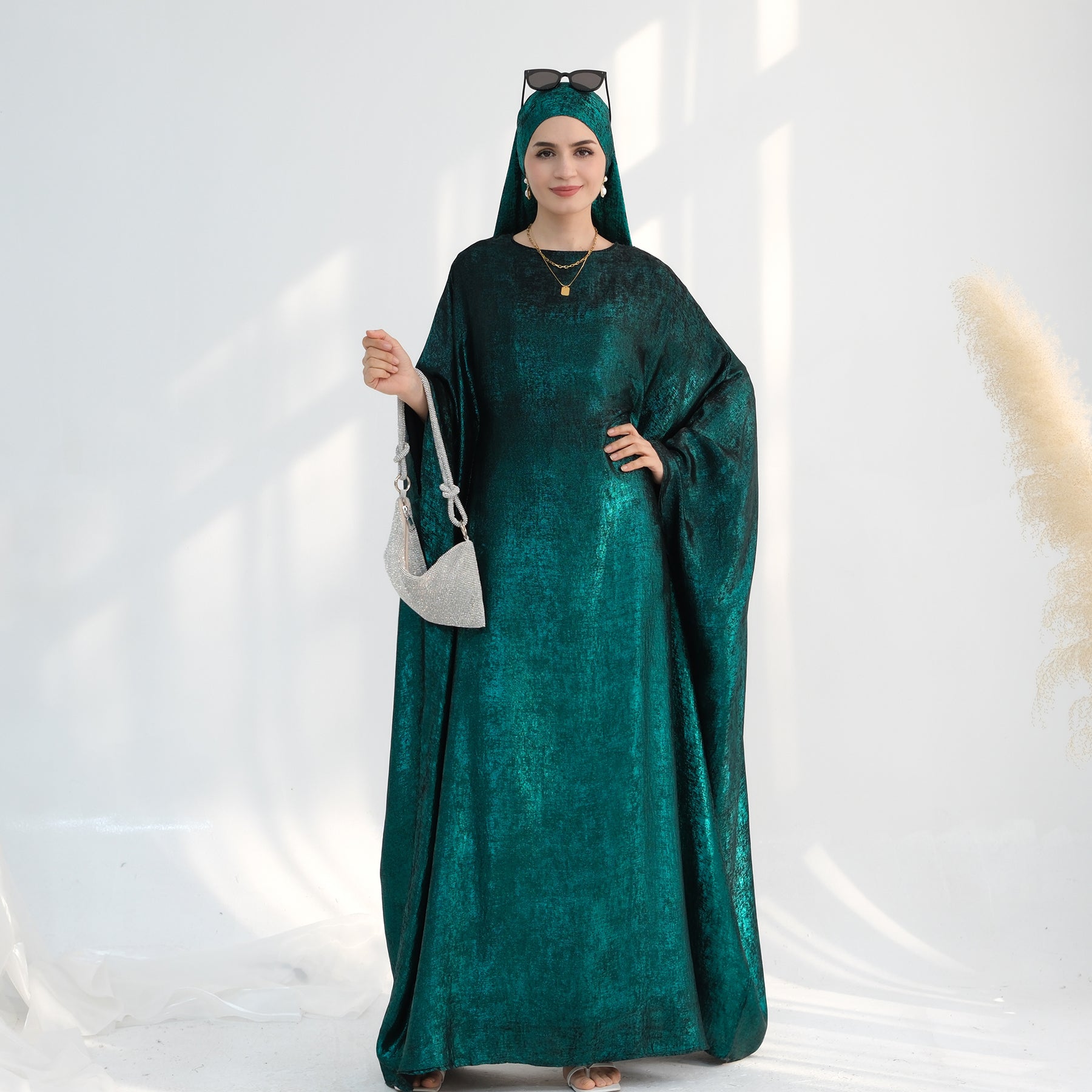 Linora Shimmer Butterfly Abaya - Elegant Green Islamic Dress for Women | Perfect for Eid, Ramadan, and Special Occasions