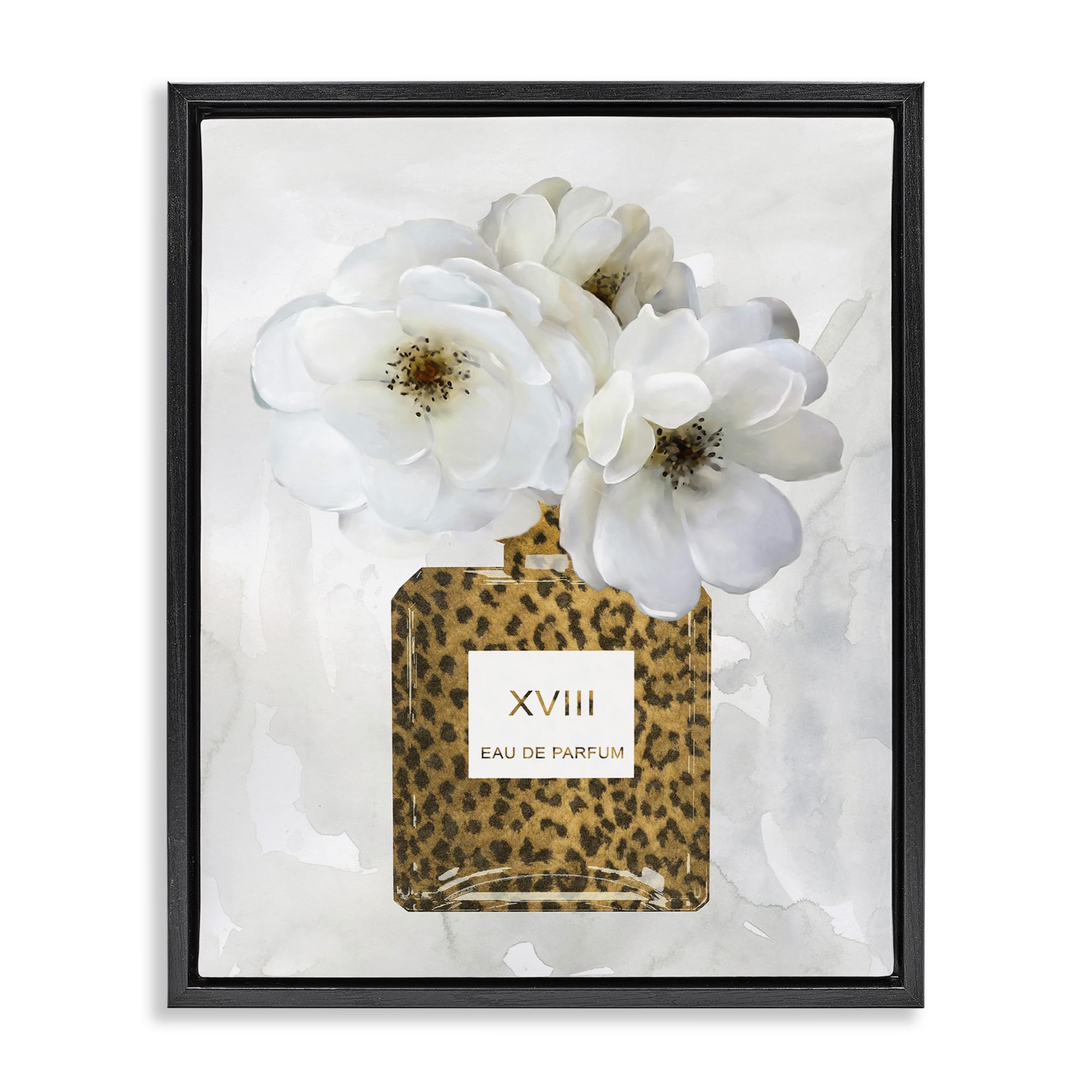 Stupell Industries Leopard Print Perfume Bottle Wall Art - Glam White Spring Floral Canvas Painting by Carol Robinson - Perfect for Bathroom Decor, Bedroom Accent Wall & Gift for Women