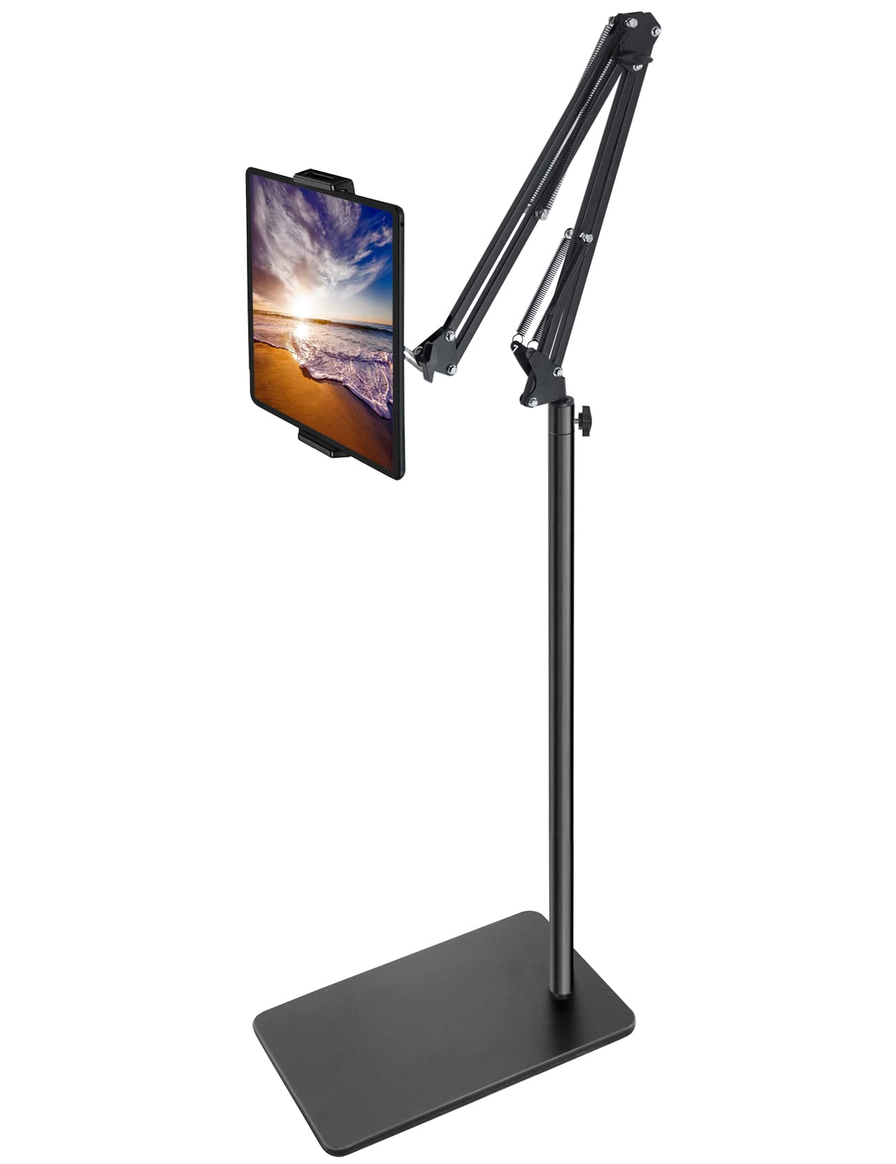 Adjustable Tablet Floor Stand with Heavy Duty Base - Overhead Bed Phone Mount & Extendable Arm Holder for iPad, Galaxy Tab, Kindle, Switch & Smartphones - Perfect for Bedroom, Living Room & Office Use