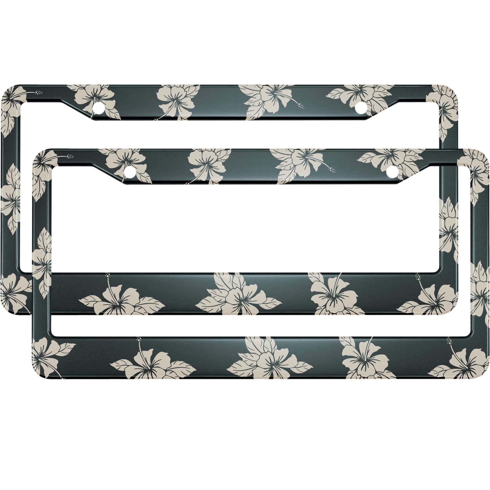 HOSNYE 2-Pack Black Metal Hibiscus Flower License Plate Frame - Tropical Aloha Hawaiian Style with 2 Holes - Durable Front License Plate Cover for US Vehicles (Men & Women) - Perfect for Beach Cars, Summer Road Trips & Hawaiian-Themed Decor