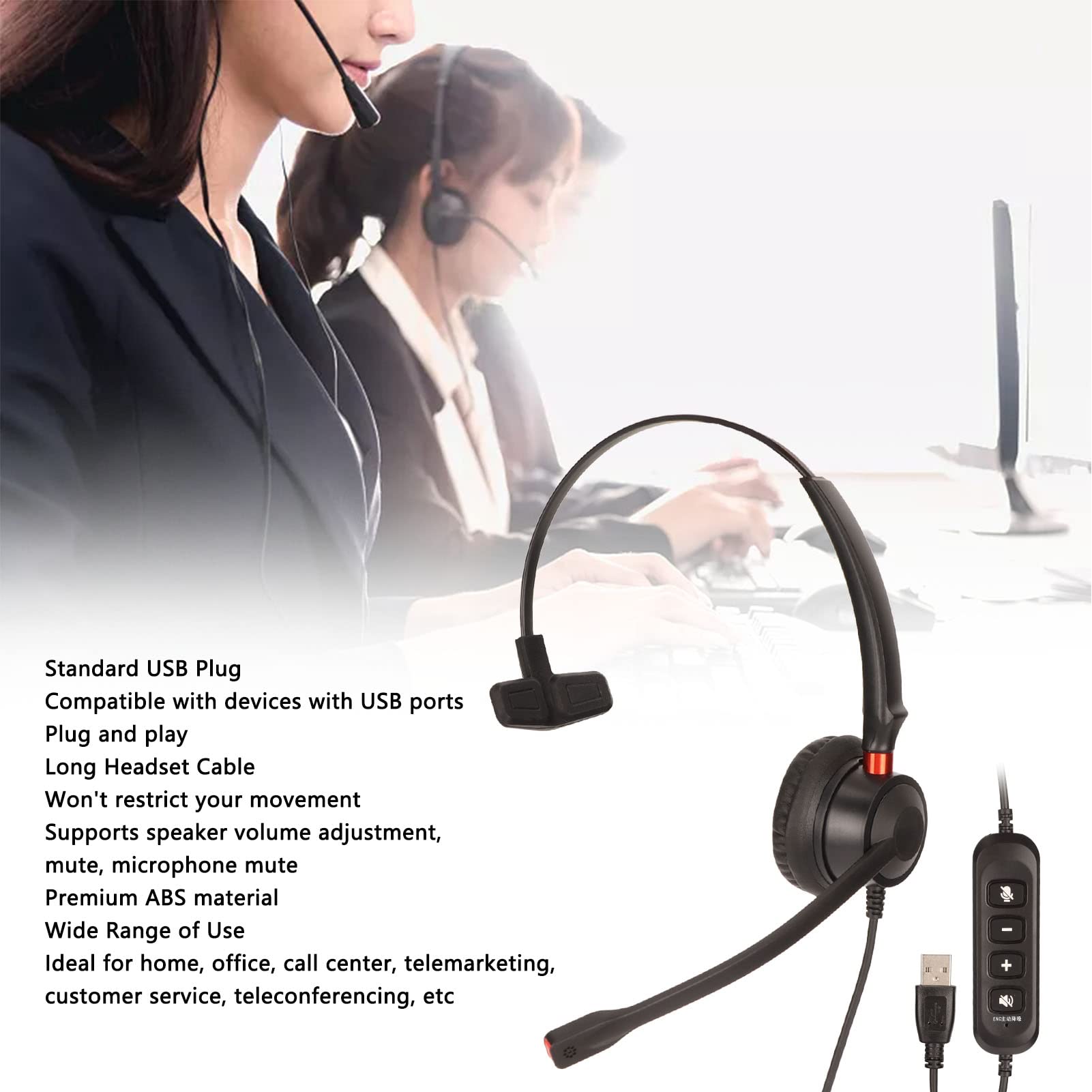 USB Business Headset with Noise Cancelling Microphone - Single-Sided Wired PC Headphone with Volume Control & Mute Button for Office Calls, Remote Work, and Online Meetings