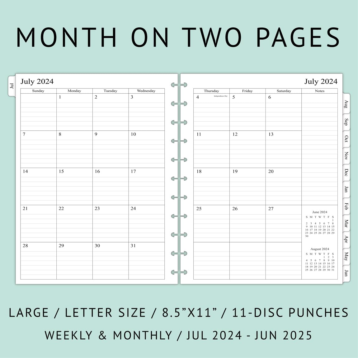 Newestor 2024-2025 Weekly & Monthly Discbound Planner Refills - July 2024 to June 2025 Calendar with 11-Disc Punch Holes - Letter Size 8.5
