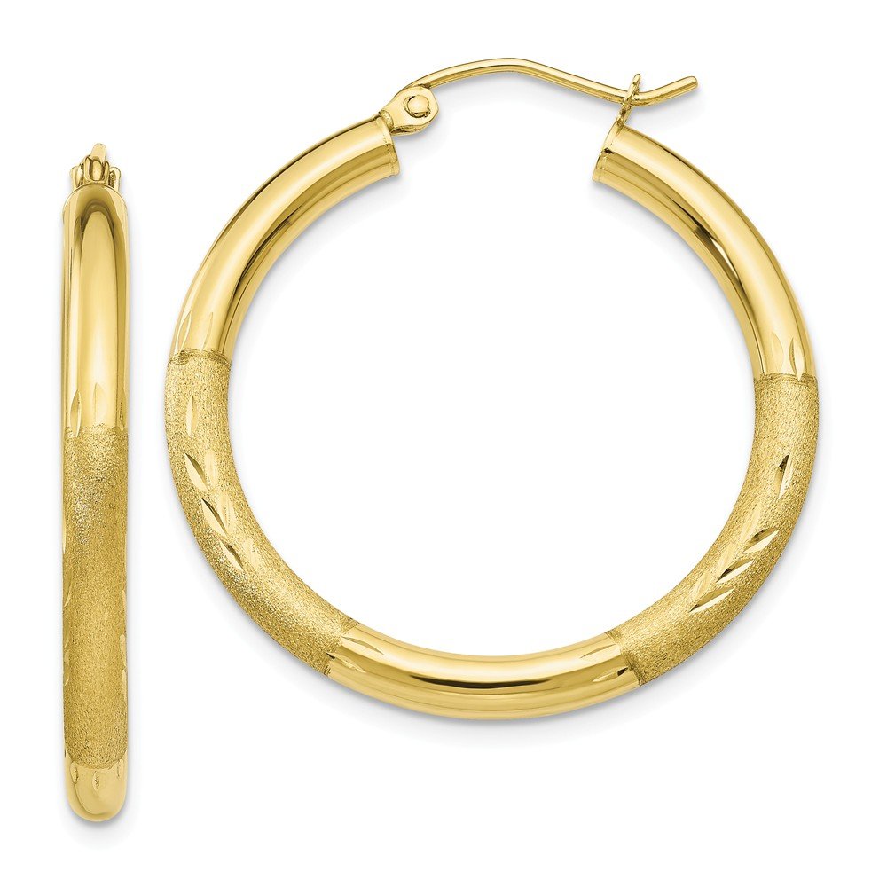 10K Solid Gold Round Hoop Earrings - 3mm Diamond Cut & Satin Finish | Everyday Wear, Gift for Her, Wedding & Party Jewelry
