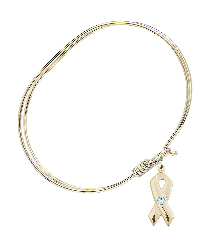7 Inch Oval Eye Hook Bangle Bracelet with Cancer Awareness Charm & March Birthstone Blue Crystal - Perfect for Awareness Events, Fundraisers, and Everyday Jewelry Wear