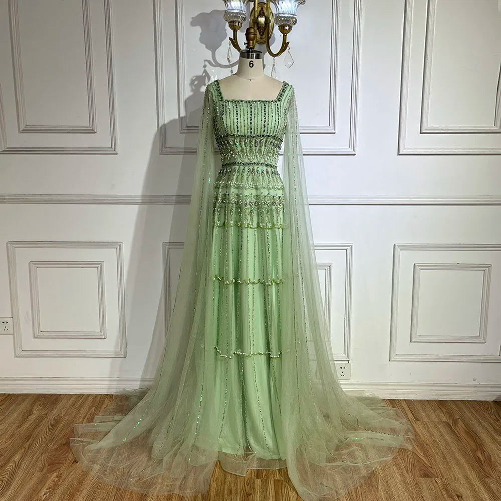 Elegant Dubai Arabic Sage Green Evening Gown with Cape Sleeves - LA72595 | Formal Gown for Weddings, Galas & Special Occasions
