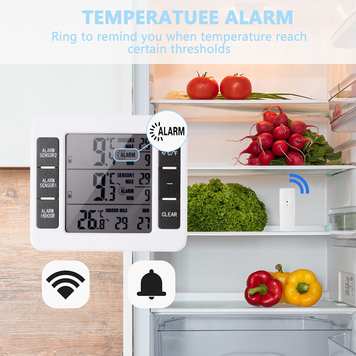Freezer Alarm with Audible Alert & 2 Wireless Sensors - Indoor/Outdoor Refrigerator Thermometer for Home Kitchen - Monitor Food Safety in Freezers, Fridges & Garages