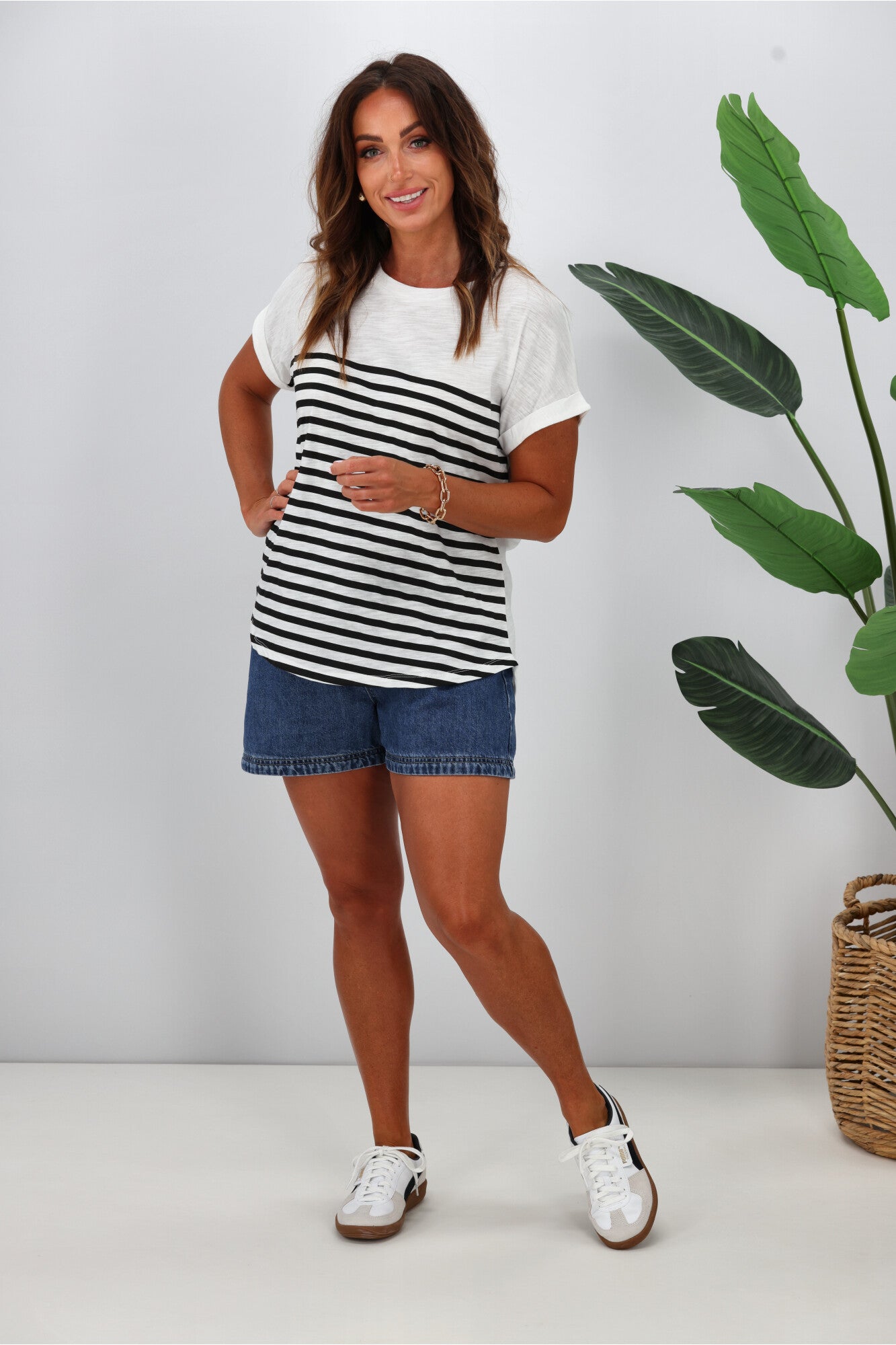 Betty Basics Hailey Short Sleeve T-Shirt for Women - White & Black Striped Cotton Tee | Casual Everyday Wear, Summer Outfits, Layering Essential