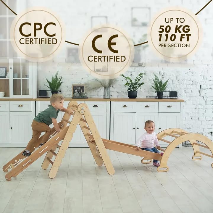 4 in 1 Montessori Indoor Climbing Set for Toddlers - Wooden Play Gym with Triangle Ladder, Arch, Climbing Ramp & Net - Baby Gym Climbing Frame for Kids Ages 1-7 (XL Size) - Perfect for Home Playroom, Daycare & Indoor Toddler Activities