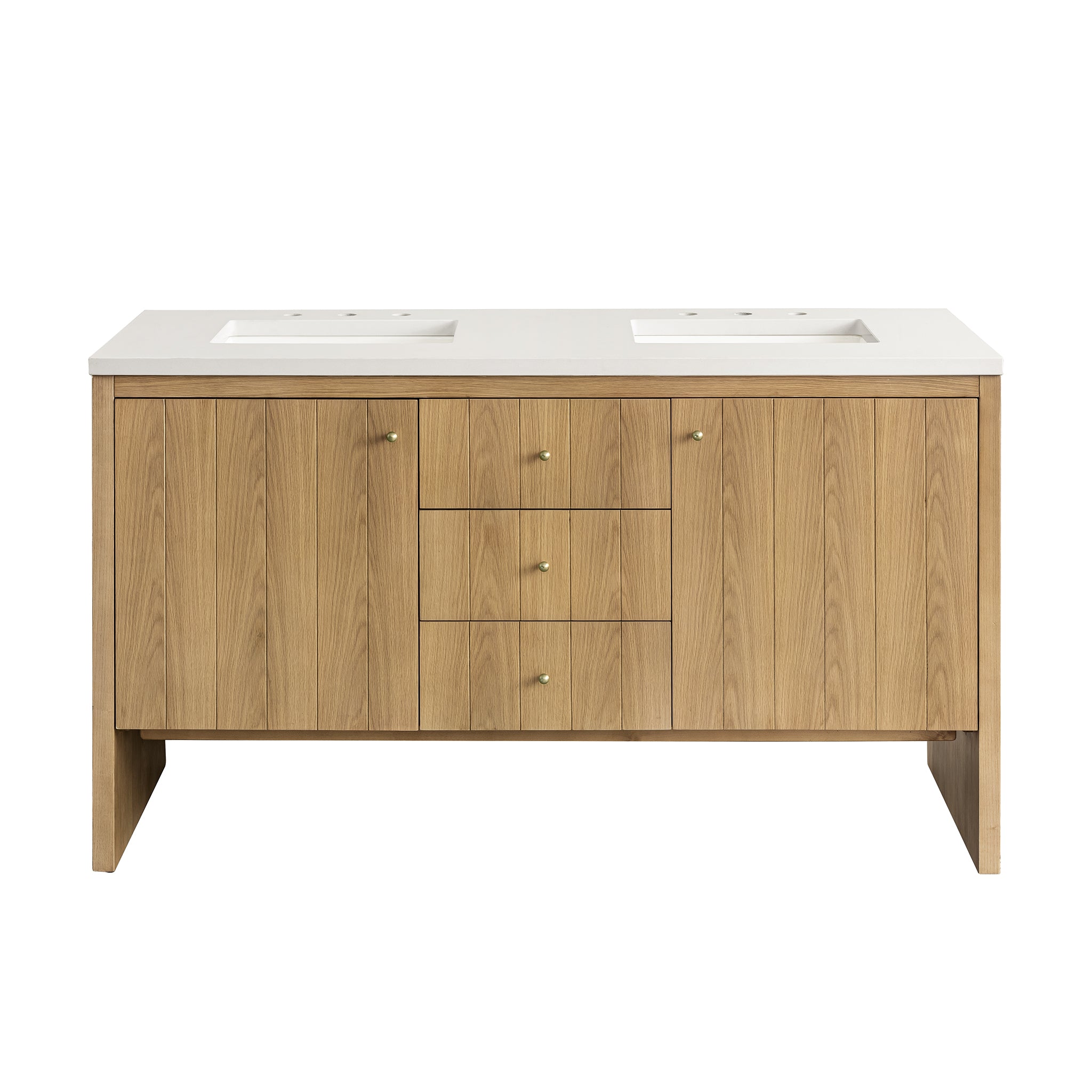 Hudson 60 Inch Double Vanity with White Zeus Quartz Top in Light Natural Oak Finish - Perfect for Modern Bathroom Renovation and Master Suite Upgrades