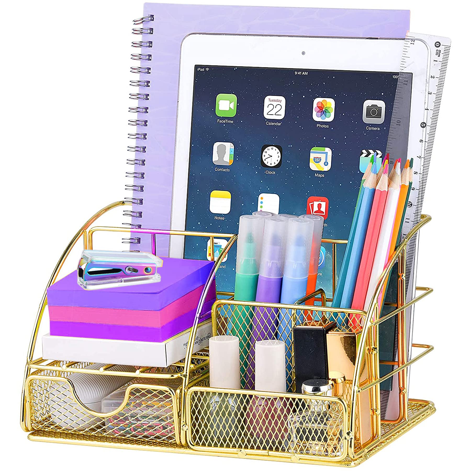 Gold Desk Organizer Set - All-in-One Desktop Organizer with Pen Holder, Pencil Holder & Paper Tray | Stylish Mesh Office Accessory with Drawer for Home & Office Supplies | Perfect for Work Desks, Study Areas & Gift Giving