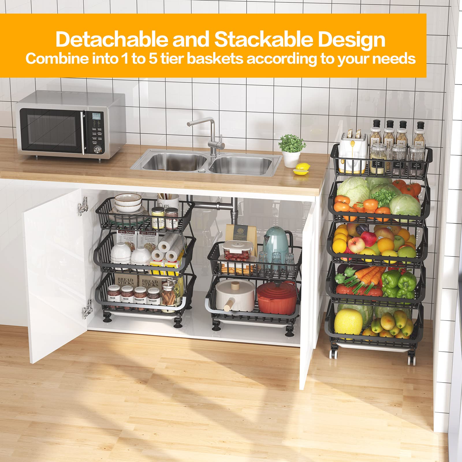 5 Tier Stackable Metal Wire Fruit and Vegetable Basket Organizer - Kitchen Storage Stand for Onions, Potatoes, Produce - Black | Perfect for Pantry, Countertop, and Farmers Market Display