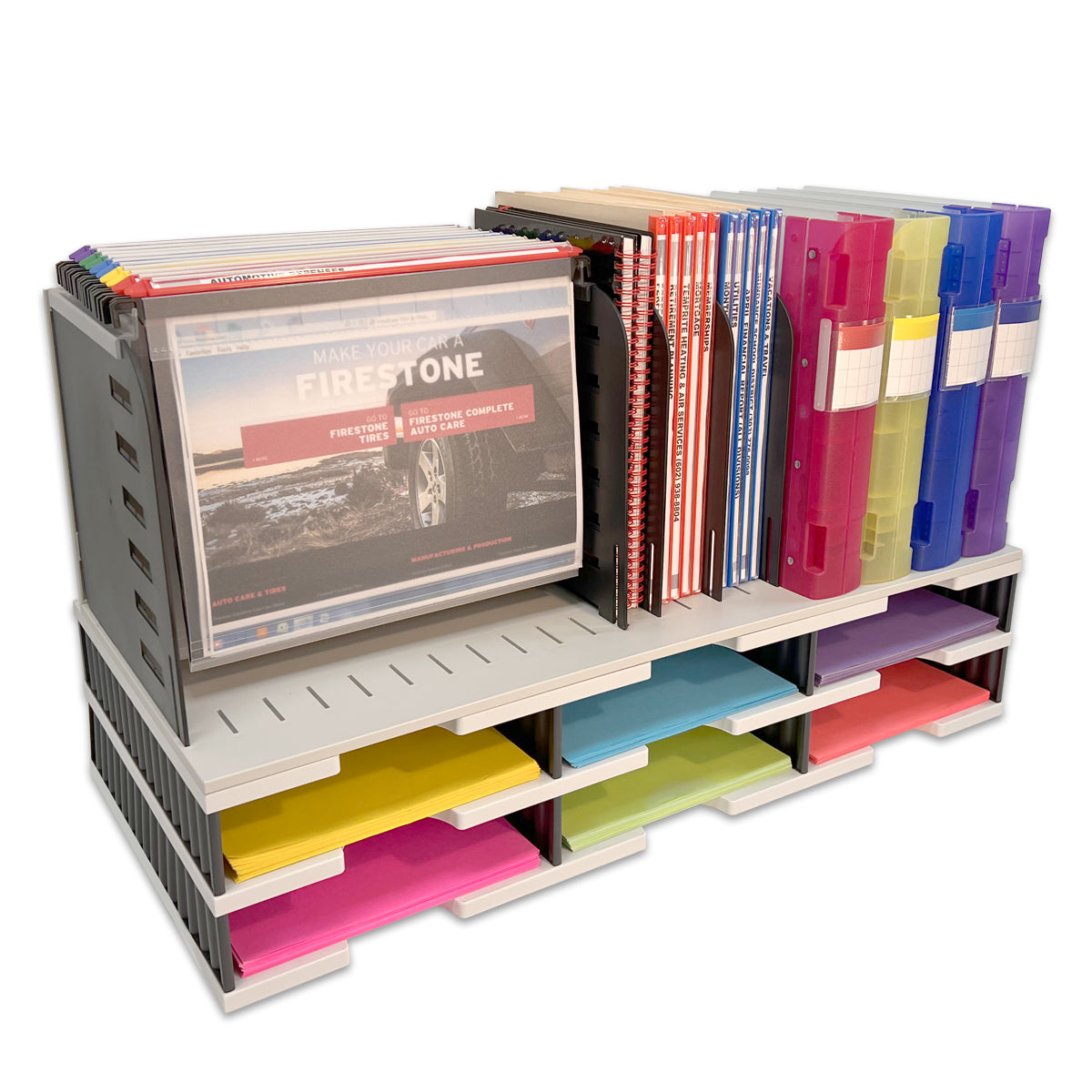 6-Tier Desktop Organizer with Vertical & Hanging File Topper - Space Saving Document Sorter for Files, Books, Binders | Perfect for Office, Home & Workspace Organization (Black)