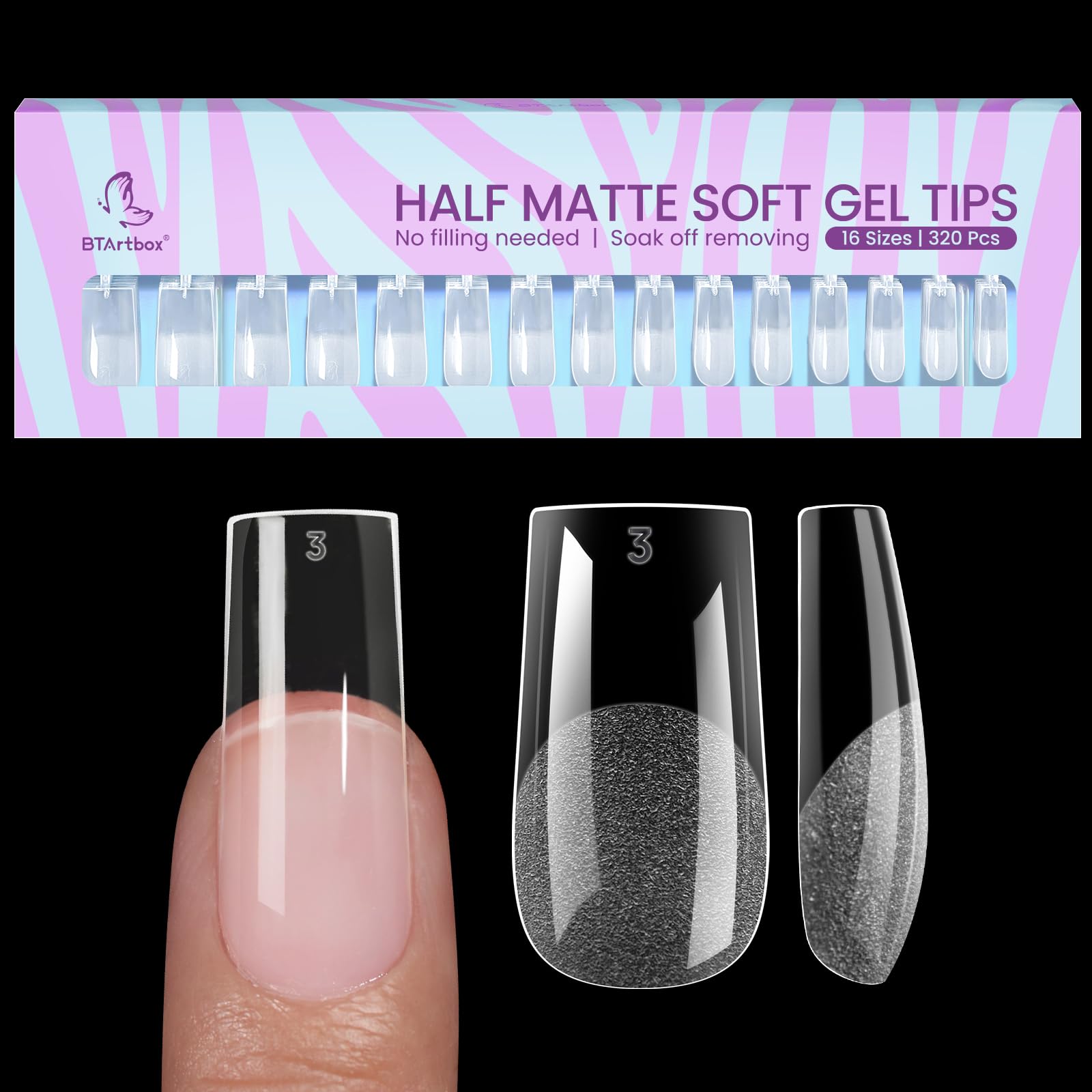 BTArtbox 320pcs Square Press on Nails Medium - Solid Nail Gel & Half Matte Gel Nail Tips, 3 in 1 Fake Nails Kit for DIY Manicure at Home, Salon Quality Nail Extensions for Parties, Weddings & Special Occasions