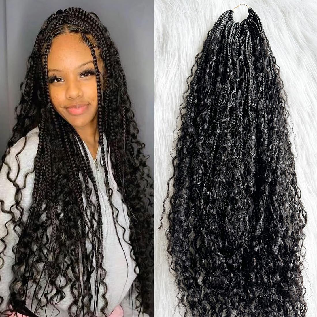 Natural Color 14 Inch Crochet Boho Box Braids with Human Hair Curls - Pre-Looped Box Braids with Curly Human Hair & Full Ends - 2 Pack (80 Strands) Hair Extensions for Women - Perfect for Boho Chic, Festival, and Everyday Protective Styles