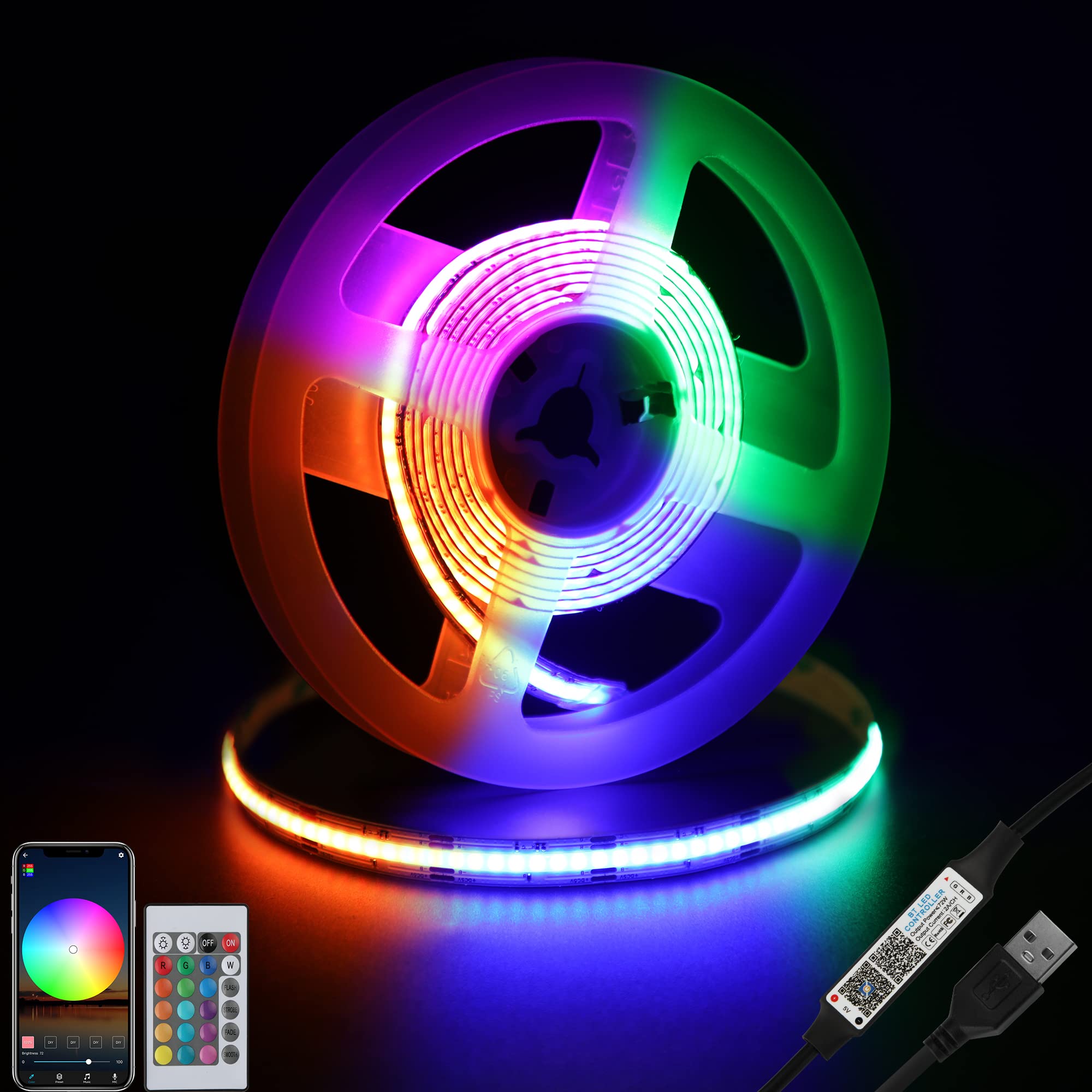 RGB LED Strip Lights 5V USB with APP & Remote Control, Music Sync COB LED Light Strip - 5ft Color Changing Lights for TV Backlight, PC Gaming Setup, Car Interior, Camping Tent, Party Decor & DIY Home Decoration