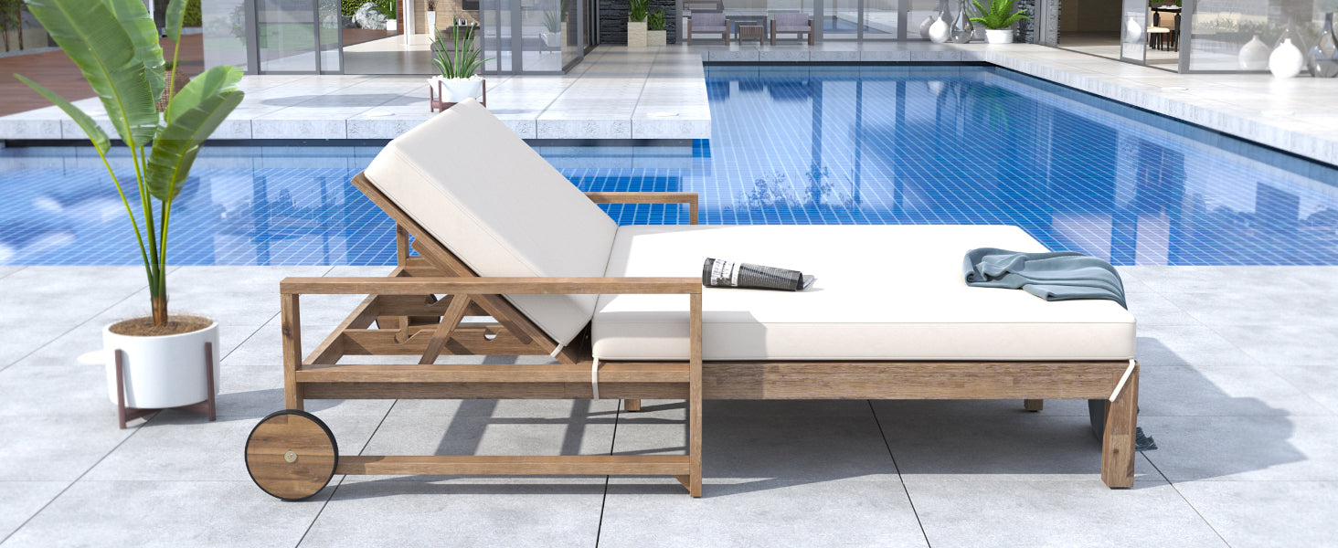 Farmhouse Style Wooden Outdoor Sunbed - 2 Person Daybed for Poolside, Garden & Backyard - Beige Patio Lounge Chair for Relaxing in Sun or Shade