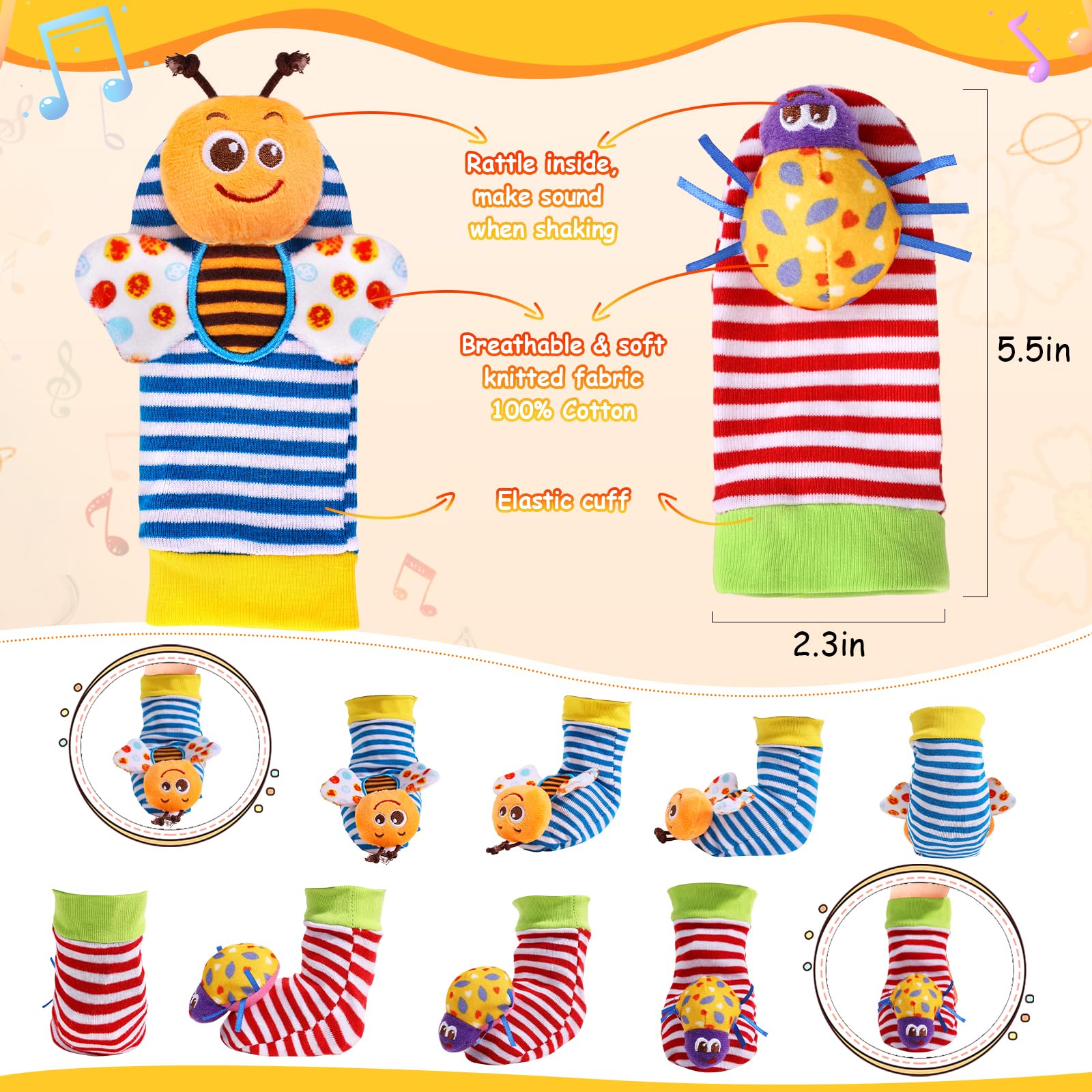Adorable Baby Wrist Rattle Socks & Foot Finder Set - Soft Infant Toys for 0-12 Months (Unisex) - Perfect Newborn Hand & Foot Rattles for 3-9 Month Olds - Ideal Baby Shower & Easter Gift for Boys & Girls - Great for Tummy Time & Sensory Development