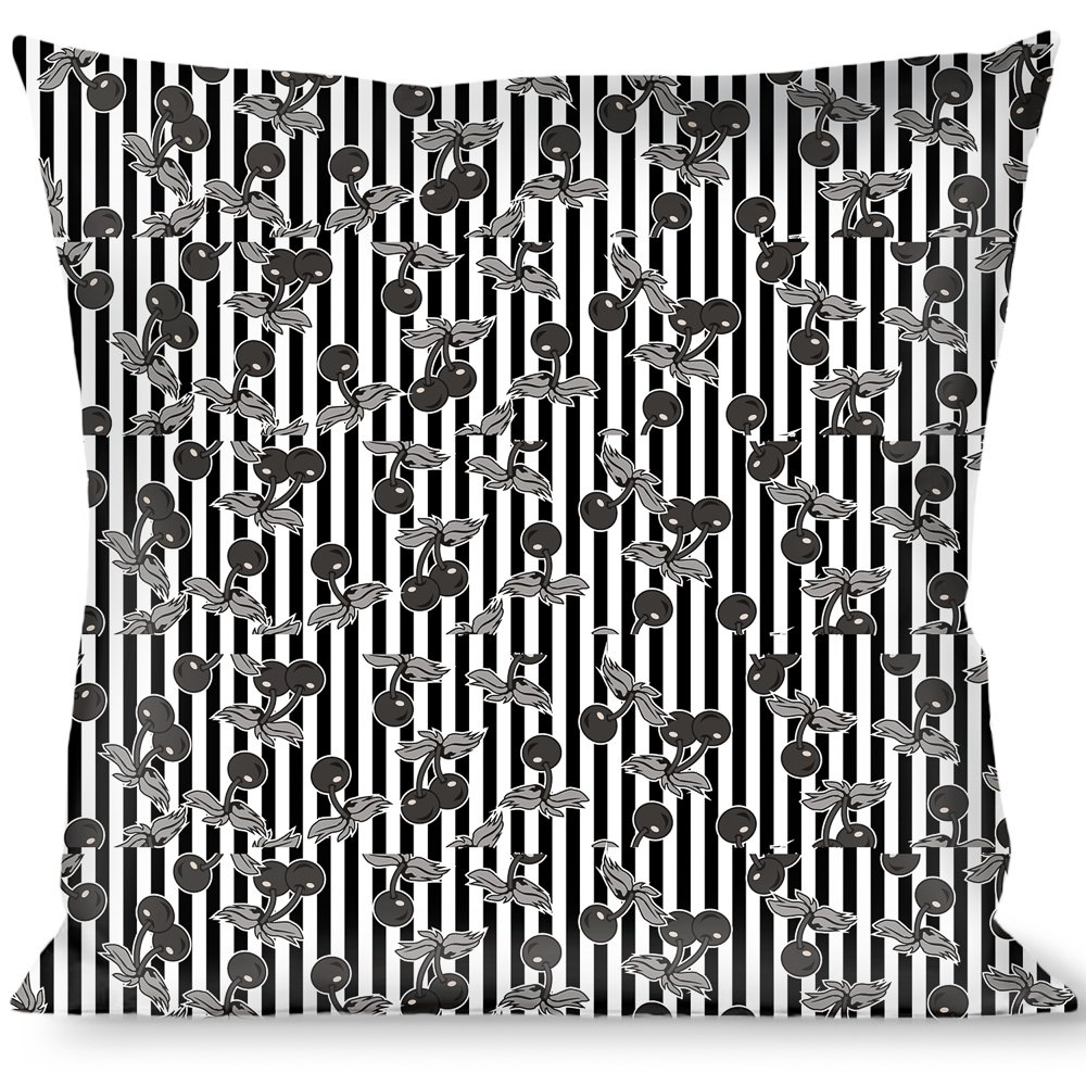 Decorative Throw Pillow with Scattered Cherries and Vertical Stripes in White, Black & Gray - Perfect for Sofa, Bed & Home Decor